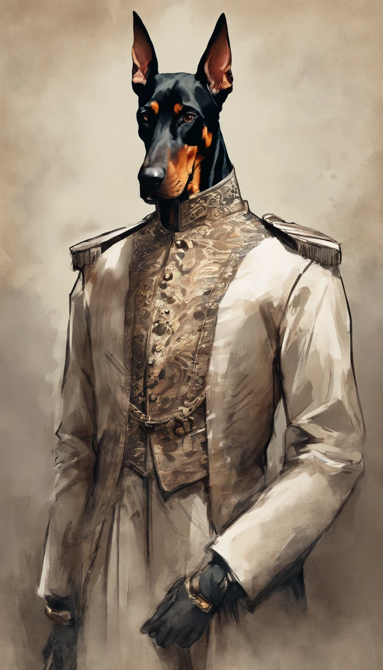 Doberman in costume. cigarette in his hand. Keep the collar of the garment closed