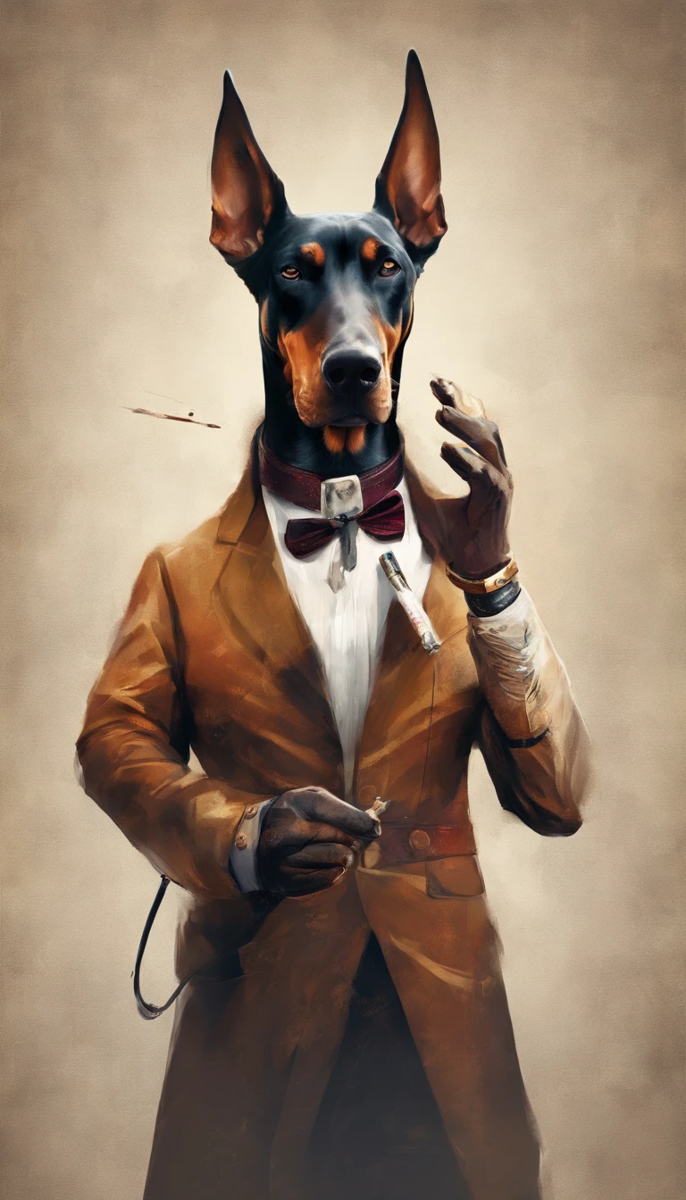 anthropomorphic dog, dressed in a suit, Smoking, lightroom, Cinematic, hdr, primitive, Intricate, High quality, soothing tones, Intricate details, Low contrast
