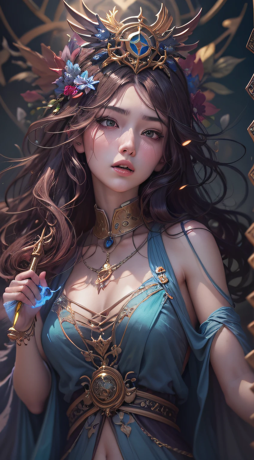 The perfect human structure、Blowing in the wind、long whitr hair、abyss eyes、glowy skin、oiled、small tits、Wizard robes、Tattered fabric、Realistic coat、Think、Super delicate CG Unity 32k wallpaper、tmasterpiece, ((ultra - detailed)), ((illustratio)),Extremely colorful,the wallpaper,energy,Unknown terror,mind bending,Around the magic,Magical environment,wands,Boken,Flight page,Know it all,Predicting the future、Learn about the past、Infinite wisdom、Blue Flame、Warlock、Magic Circles、pentacle、Spells、mantra、Singing magic，Holy light、Pure、There are also elastic messages, Overcoming and hope. breasts are small，B size、slenderness、The chest is open、The eyes are twofold（A detailed eye）, beautiful with detail、Hair that flutters in the wind、Maroon gradient hair color、Hair has a silvery gradient、high-heels、Gold-tone anklet、Large dial background、Beautiful girl walking on large dial。