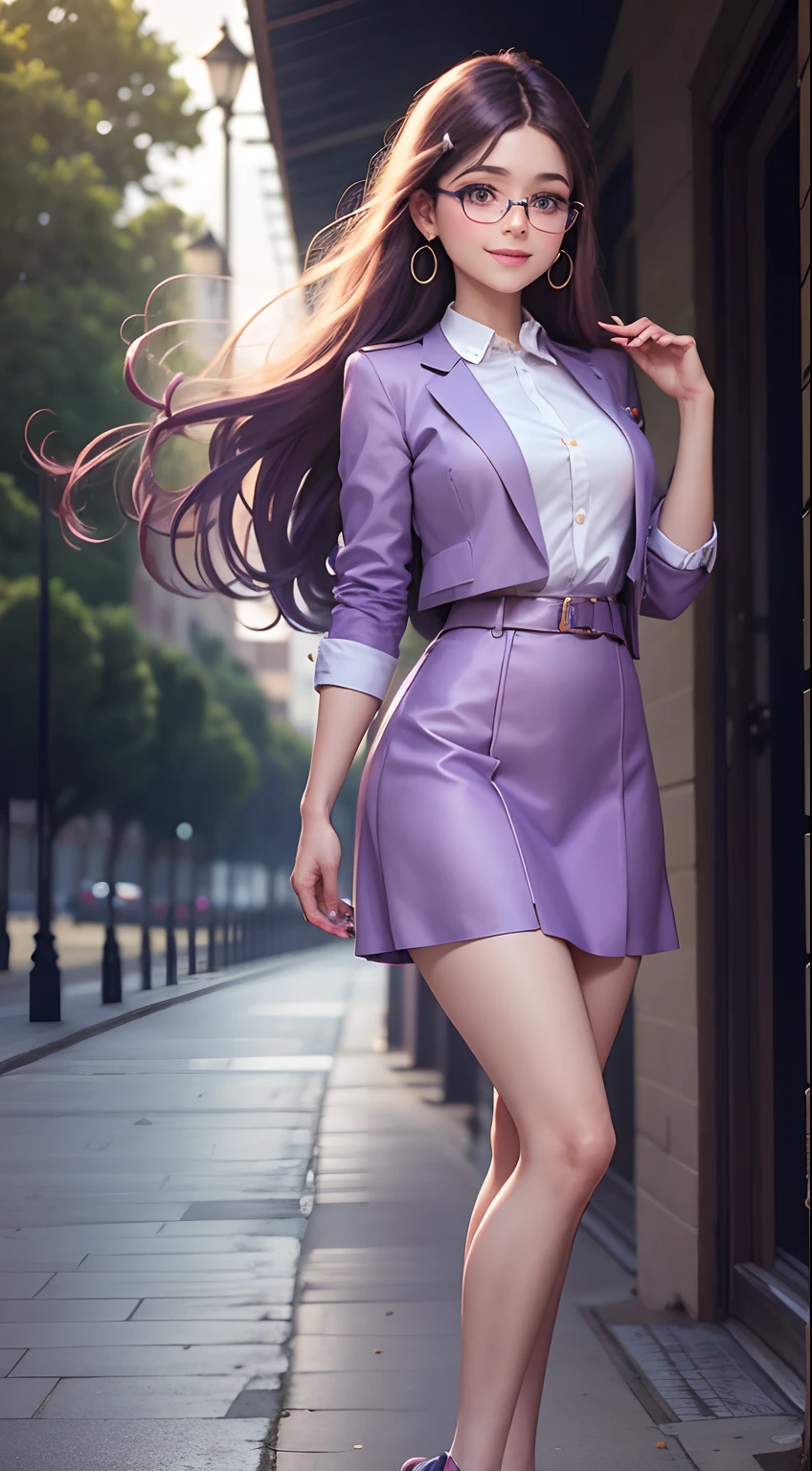 purple short dress, school uniform, very pretty European princess, wearing round glasses, portrait photo, beach, standing up straight, head and ankles straight, smiling, wearing earrings, 4k definition, beautiful slim hands