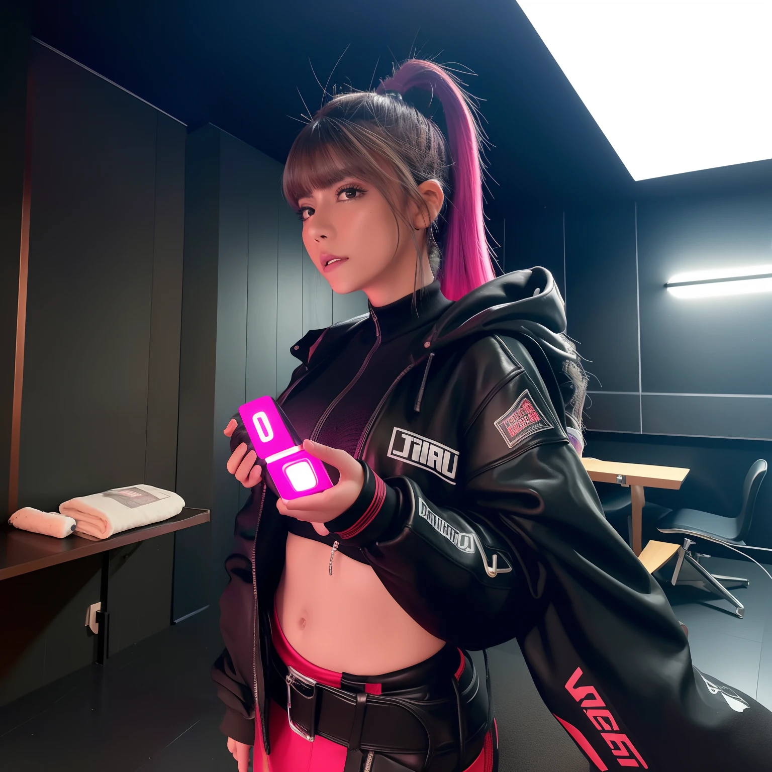 Obra maestra, La mejor calidad, Self-confident cyberpunk girl, Toma de cuerpo completo, ((De pie frente a la motocicleta)), Conjunto pop inspirado en Harajuku, Colores y patrones llamativos, Accesorios llamativos, Peinado moderno e innovador, Maquillaje vibrante, Paisaje urbano deslumbrante cyberpunk, Rascacielos, neon signs, Luces LED, Esquema de colores brillantes y vivos, anime, illustration, Textura detallada de la piel, Textura detallada de la tela, Hermosa cara detallada, Detalles intrincados, Ultra detallado.