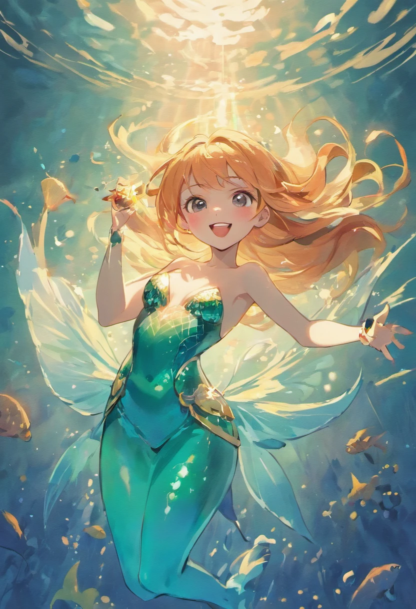 A  mermaid with a wide smile holding a smartphone that glows! it is surrounded by many social media icons, brushes and paints of many colors, warm sun sprinkling over it, adding to the playful atmosphere, --v6