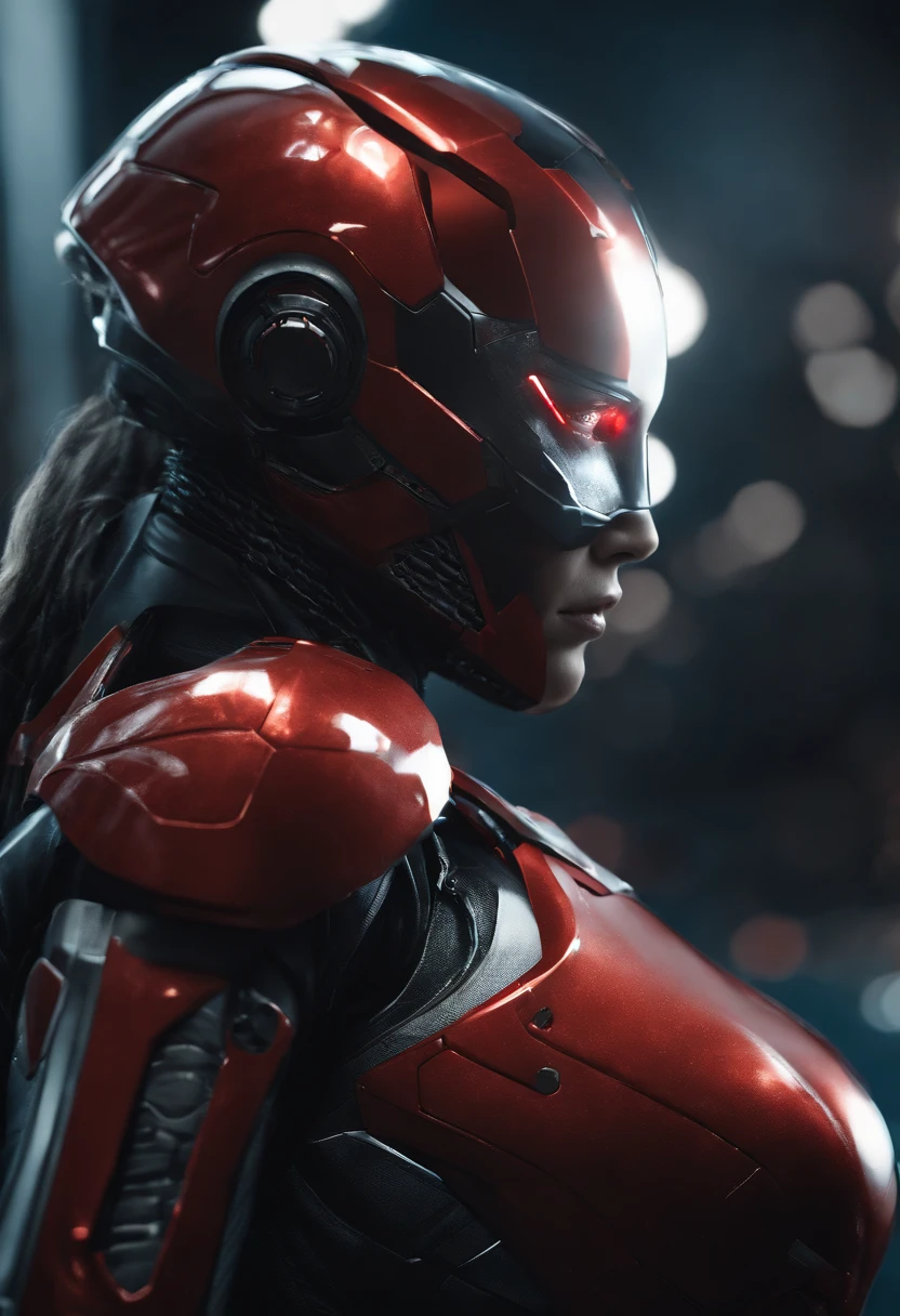 lizzyC1, ((best quality)), ((masterpiece)), (detailed), Midjourney Style, close-up, woman, robot, red eyes, concept art, inspired by Marek Okon, digital art, Crysis Nanosuit, futuristic, (glowing elements:1.1), 4:3 aspect ratio, dynamic duo,upper body
