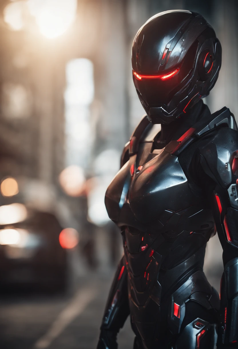 lizzyC1, ((best quality)), ((masterpiece)), (detailed), Midjourney Style, close-up, woman, robot, red eyes, concept art, inspired by Marek Okon, digital art, Crysis Nanosuit, futuristic, (glowing elements:1.1), 4:3 aspect ratio, dynamic duo,upper body