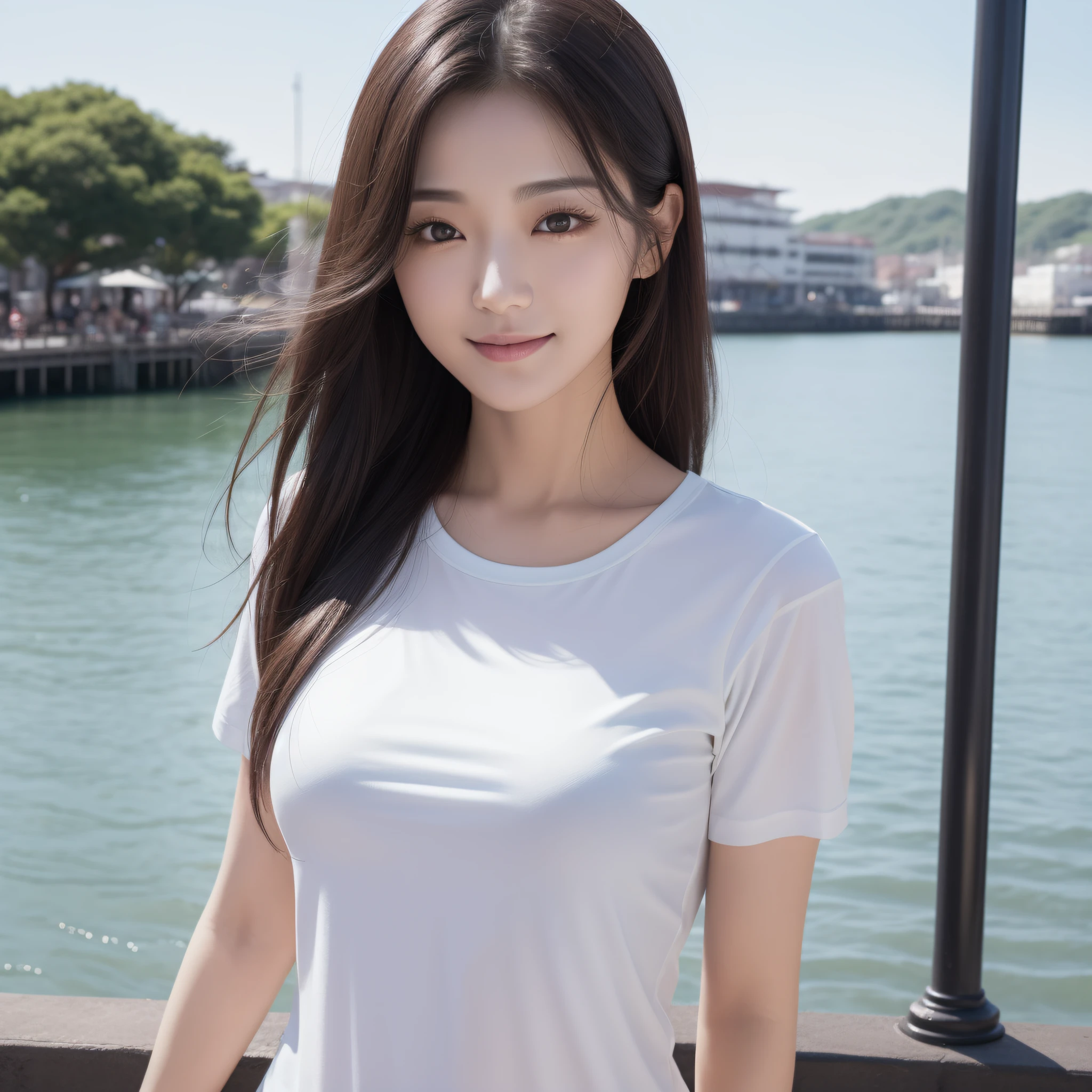 Adorable, 14years, breasts, japanaese girl, Upper body, Wet Long White T-Shirt,arms behind back,Beach, , Low contrast, Looking at Viewer, (Smile:0.8), Twin-tailed, hair scrunchie, Shiny skin, Best Quality, 超A high resolution, photographrealistic, ultra-detailliert, 8K, Raw photo, masuter piece、taken from the under、