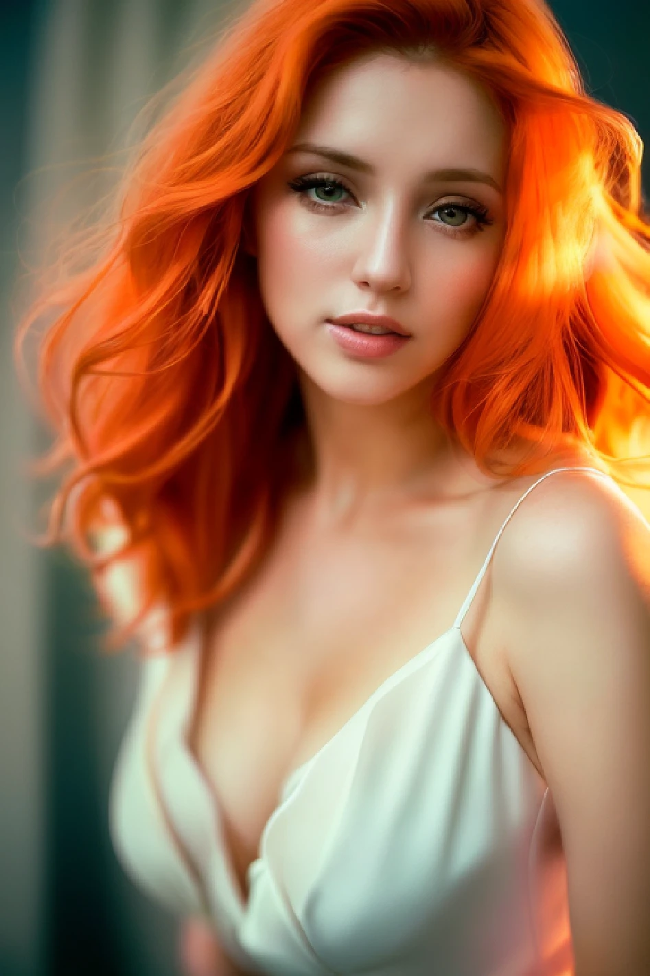 a close up of a woman with orange hair and a white dress, beautiful woman, ethereal beauty, photo of a beautiful woman, beautiful soft lighting, beautiful portrait lighting, soft portrait shot 8 k, gorgeous soft lighting, soft ethereal lighting, delicate soft hazy lighting, orange haired goddess, medium portrait soft light