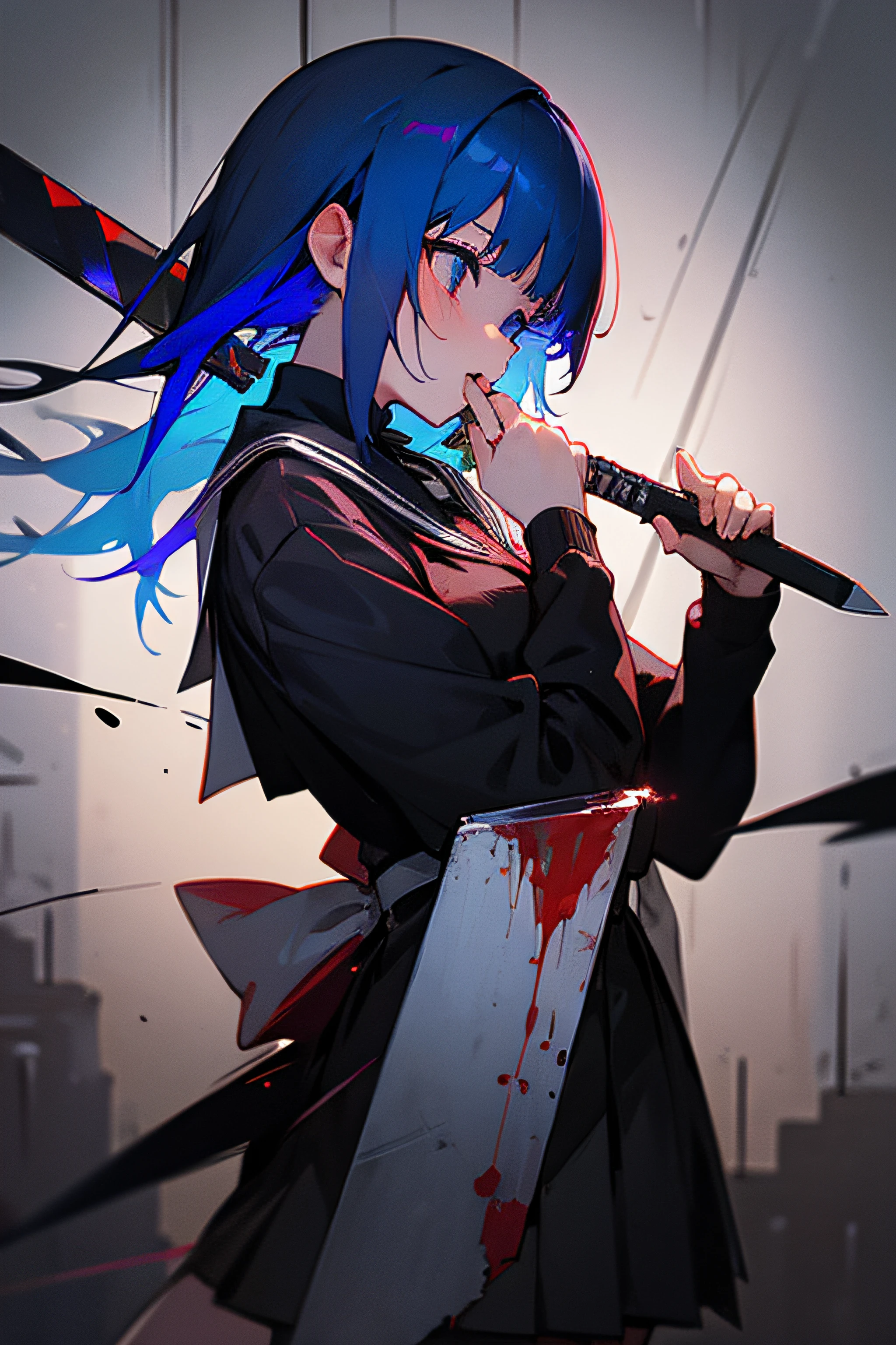 masterpiece, high quality, 1 girl, yandere, crazy eyes, knife licking, bloody splatter, short girl, black oversized jumper, black skirt, blue hair, side view, candle lit room,