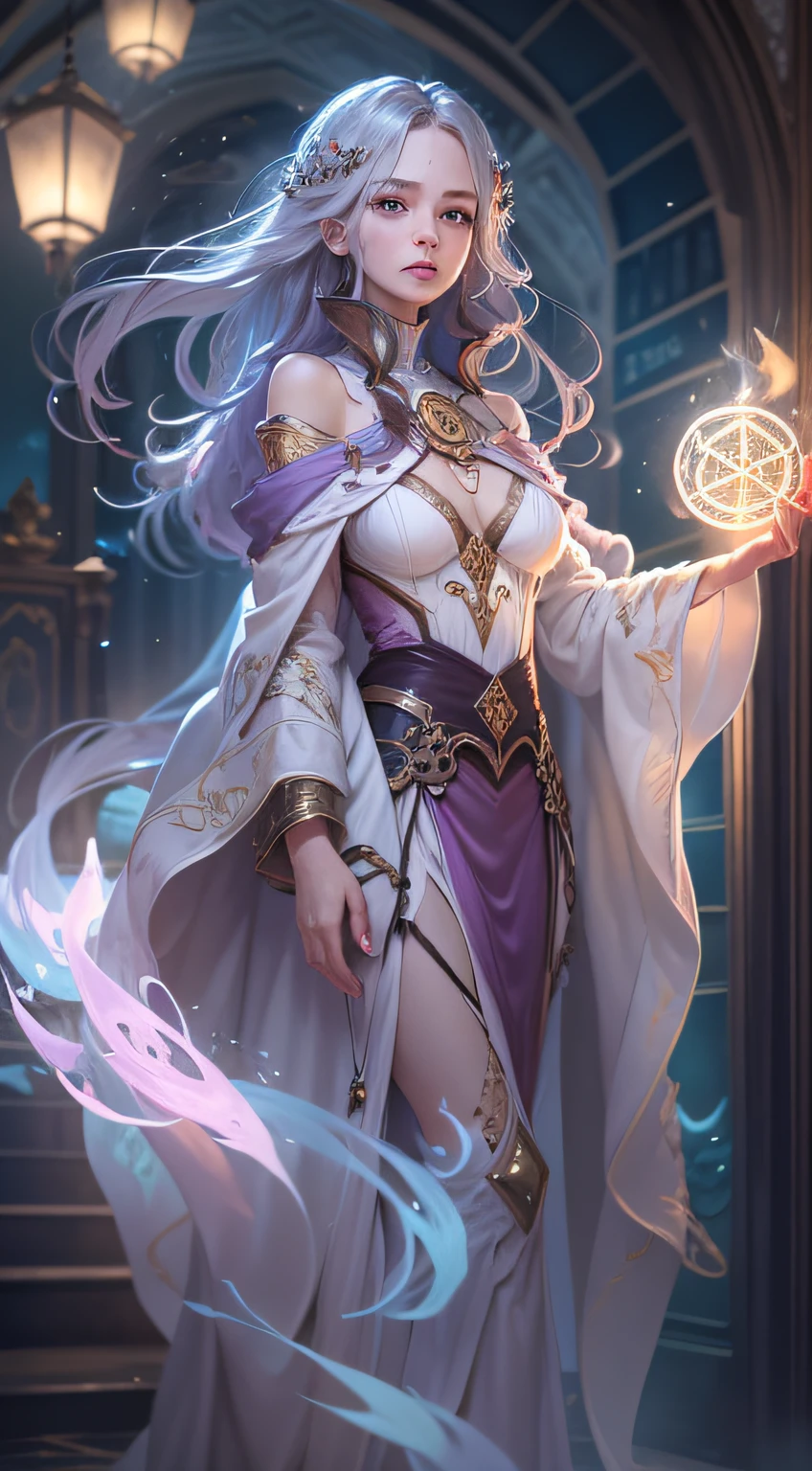 The perfect human structure、Blowing in the wind、long whitr hair、abyss eyes、glowy skin、oiled、small tits、Wizard robes、Tattered fabric、Realistic coat、Think、Super delicate CG Unity 32k wallpaper、tmasterpiece, ((ultra - detailed)), ((illustratio)),Extremely colorful,the wallpaper,energy,Unknown terror,mind bending,Around the magic,Magical environment,wands,Boken,Flight page,Know it all,Predicting the future、Learn about the past、Infinite wisdom、Blue Flame、Warlock、Magic Circles、pentacle、Spells、mantra、Singing magic,Holy light、Pure、There are also elastic messages, Overcoming and hope. breasts are small,B size、slenderness、The chest is open、The eyes are twofold(A detailed eye), beautiful with detail、Hair that flutters in the wind、Maroon gradient hair color、Hair has a silvery gradient、high-heels、Gold-tone anklet、Large dial background、Beautiful girl walking on large dial。