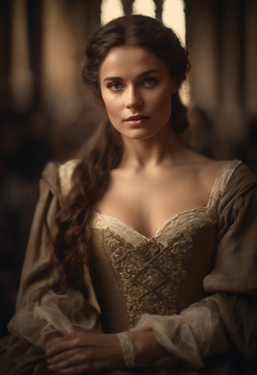 Cinematic portrait, ((upper body)), facing the audience, (Reality :1.3), the world's most beautiful artwork photo, a woman looking into the camera, European medieval court dress, gorgeous, soft gauze, detailed beautiful face, action shooting, (intricate :1.4), medieval court background, Photo realistic, CG, art station