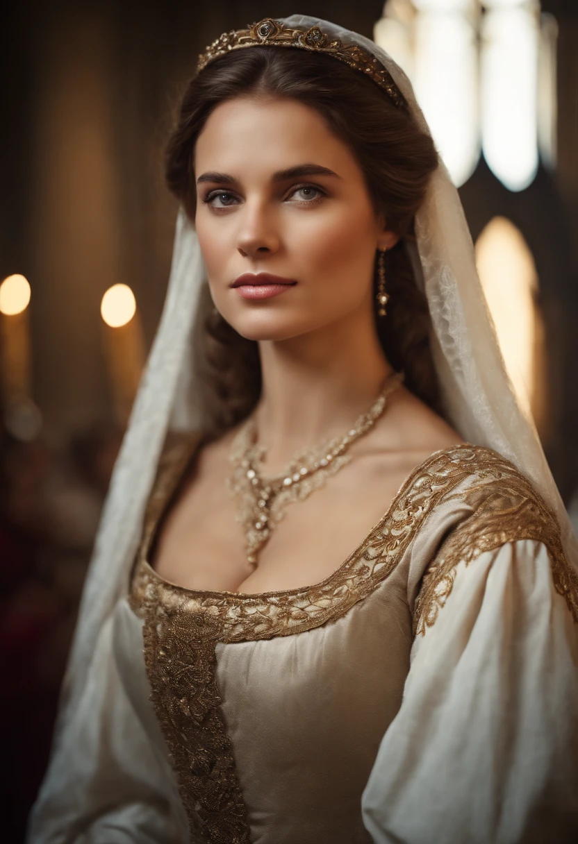 Cinematic portrait, ((upper body)), facing the audience, (Reality :1.3), the world's most beautiful artwork photo, a woman looking into the camera, European medieval court dress, gorgeous, soft gauze, detailed beautiful face, action shooting, (intricate :1.4), medieval court background, Photo realistic, CG, art station