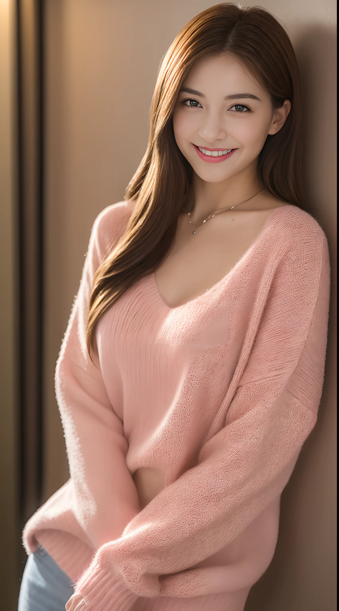((Night, Realistic Light, Best Quality, 8K, Masterpiece: 1.3)), 1girl, Slim Beauty: 1.4, Abs: 1.1, (Brown hair, Medium breasts: 1.3), Long pink sweater: 1.1, Bathroom, Super fine face, Delicate eyes, Double eyelids, smile, necklace