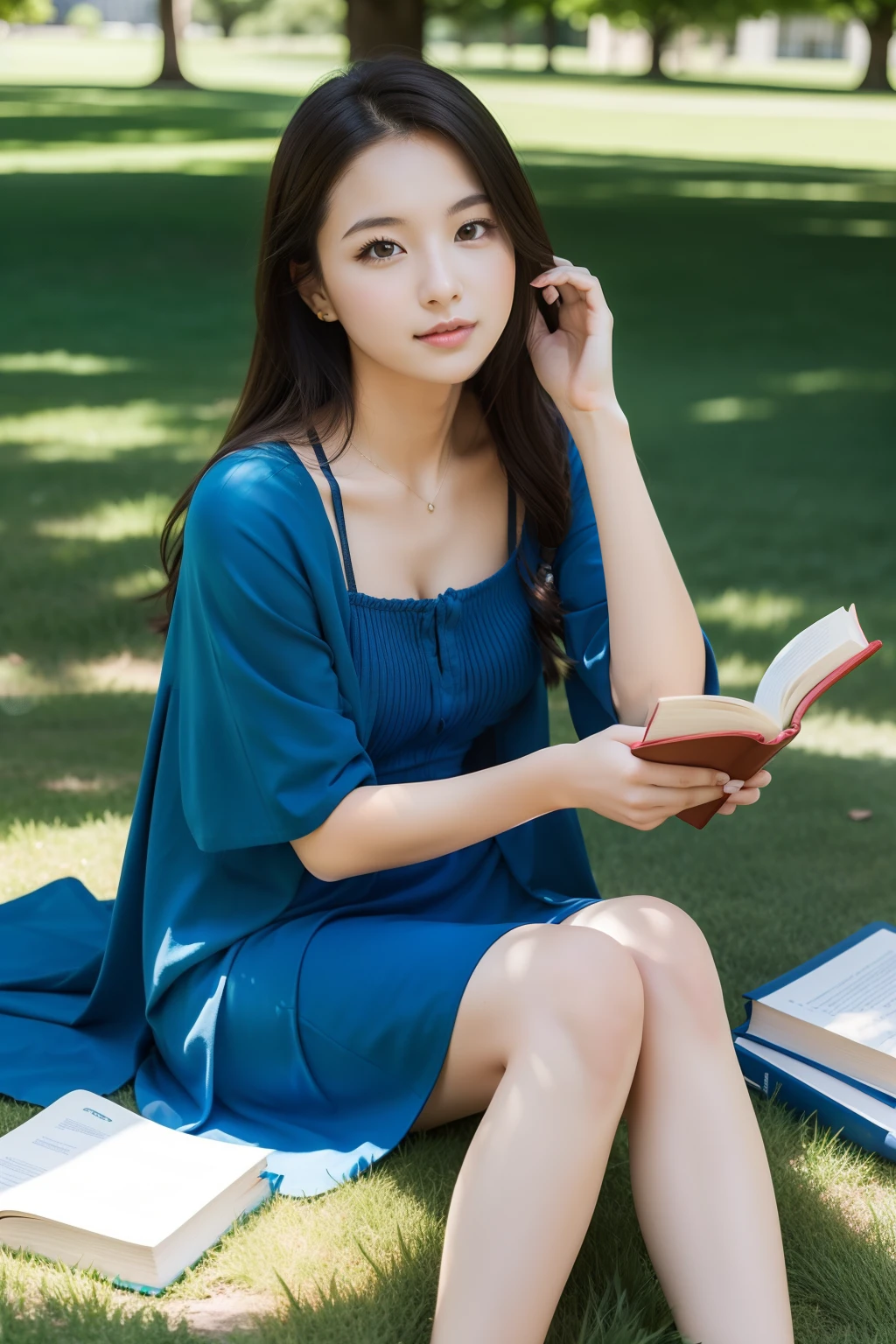 Beautiful student sitting on campus lawn，Blue dress，looking at book ，and the sun was shining brightly，depth of fields，highlight，Real Light，Ray traching，OC Renderer，UE5 Renderer，Hyper-realistic，best qualtiy，8K，Works of masters，super-fine，Correct anatomy，