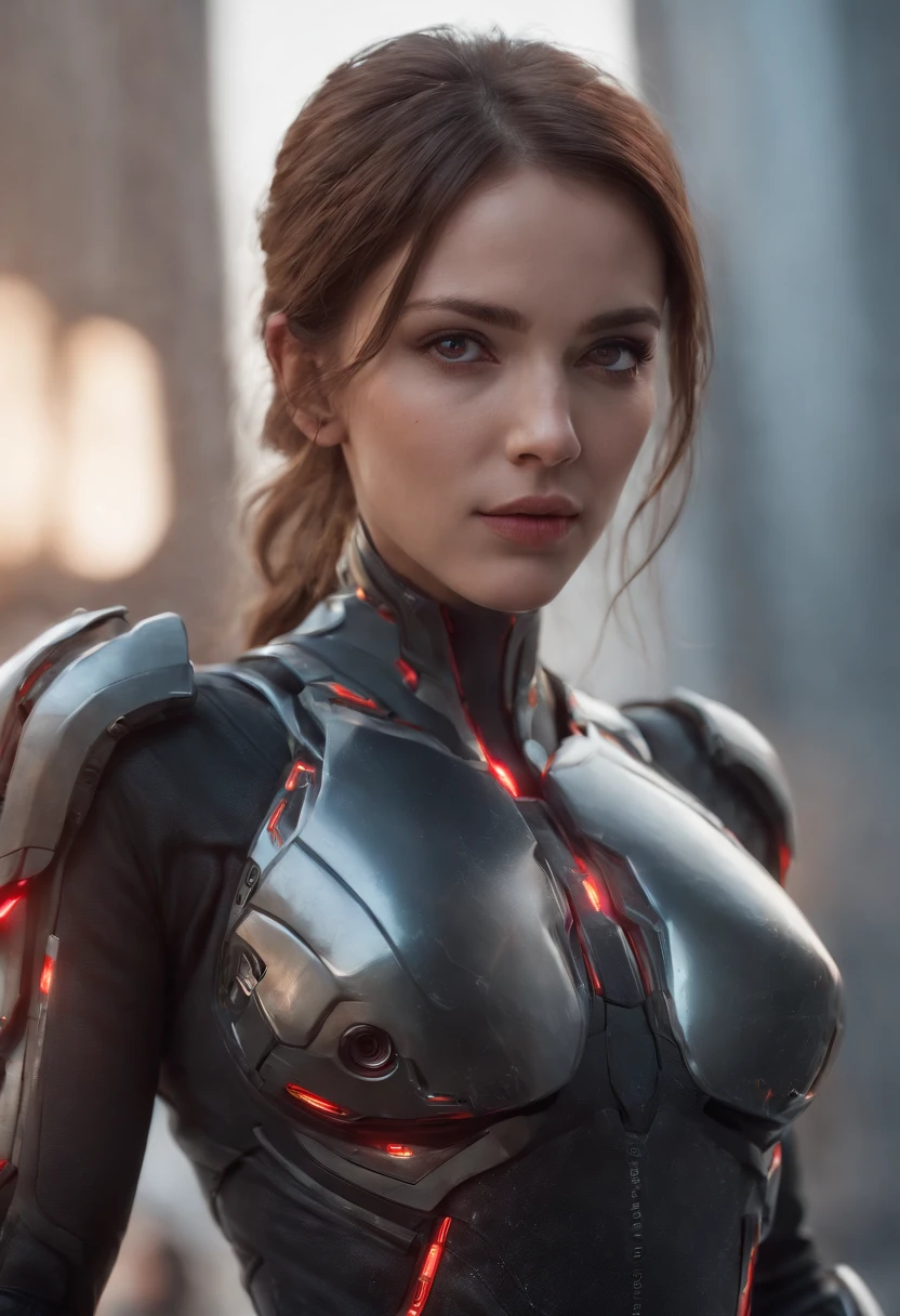 lizzyC1, ((best quality)), ((masterpiece)), (detailed), Midjourney Style, close-up, woman, robot, red eyes, concept art, inspired by Marek Okon, digital art, Crysis Nanosuit, futuristic, (glowing elements:1.1), 4:3 aspect ratio, dynamic duo，upper body