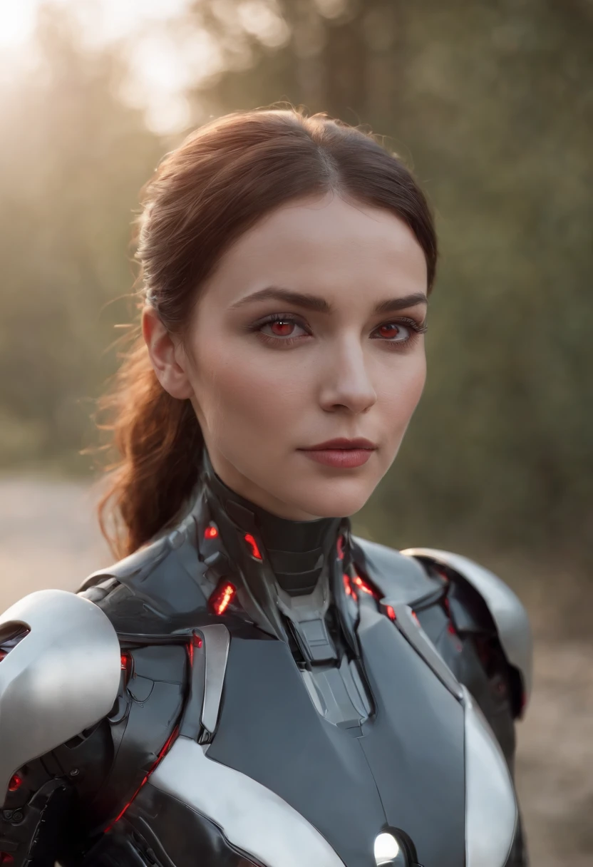 lizzyC1, ((best quality)), ((masterpiece)), (detailed), Midjourney Style, close-up, woman, robot, red eyes, concept art, inspired by Marek Okon, digital art, Crysis Nanosuit, futuristic, (glowing elements:1.1), 4:3 aspect ratio, dynamic duo,upper body