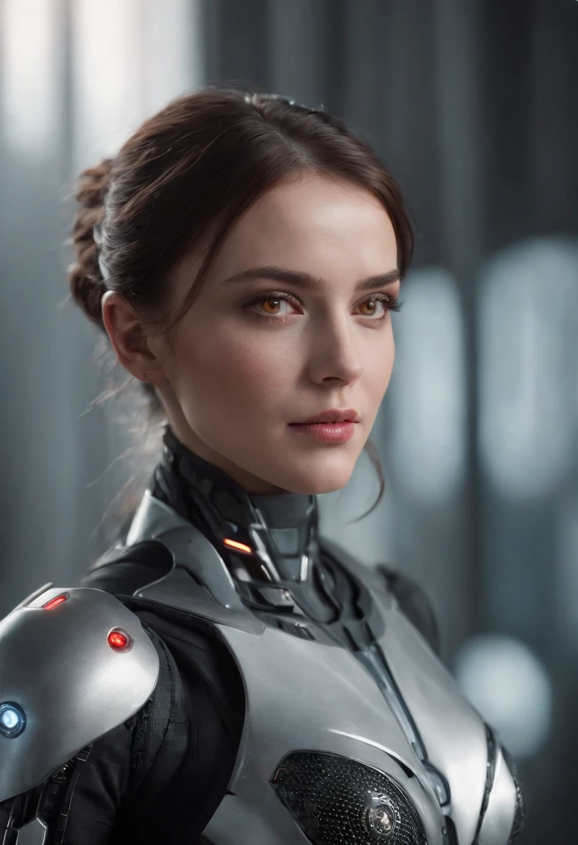 lizzyC1, ((best quality)), ((masterpiece)), (detailed), Midjourney Style, close-up, woman, robot, red eyes, concept art, inspired by Marek Okon, digital art, Crysis Nanosuit, futuristic, (glowing elements:1.1), 4:3 aspect ratio, dynamic duo,upper body