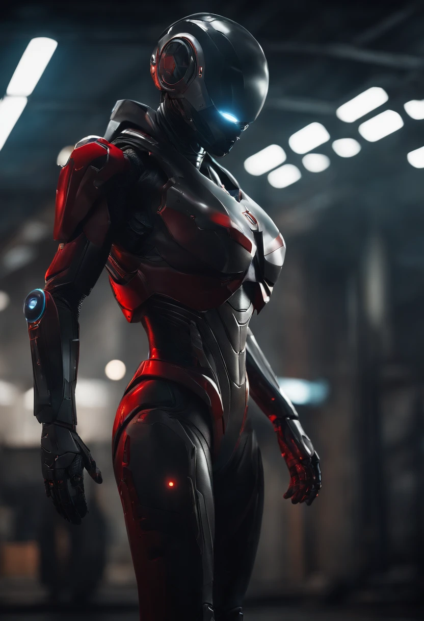 lizzyC1, ((best quality)), ((masterpiece)), (detailed), Midjourney Style, close-up, woman, robot, red eyes, concept art, inspired by Marek Okon, digital art, Crysis Nanosuit, futuristic, (glowing elements:1.1), 4:3 aspect ratio, dynamic duo，upper body