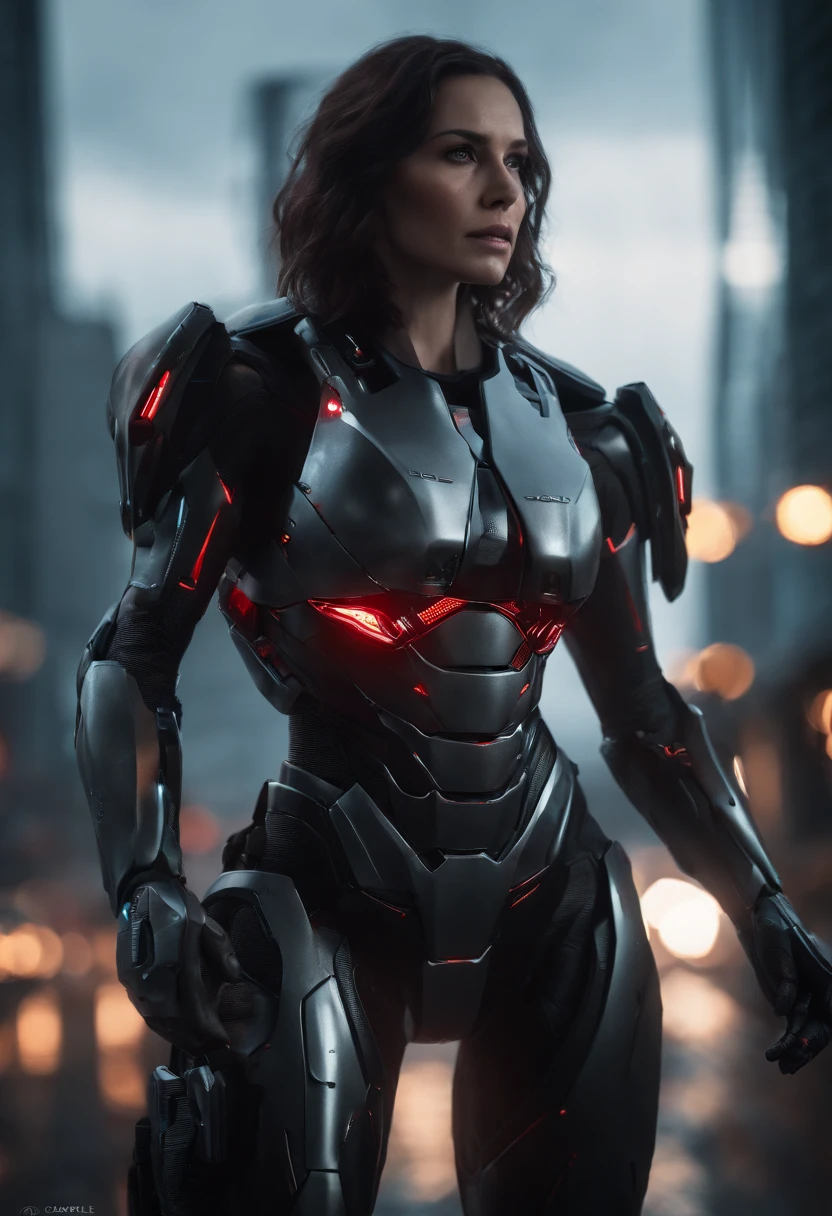 lizzyC1, ((best quality)), ((masterpiece)), (detailed), Midjourney Style, close-up, woman, robot, red eyes, concept art, inspired by Marek Okon, digital art, Crysis Nanosuit, futuristic, (glowing elements:1.1), 4:3 aspect ratio, dynamic duo,upper body