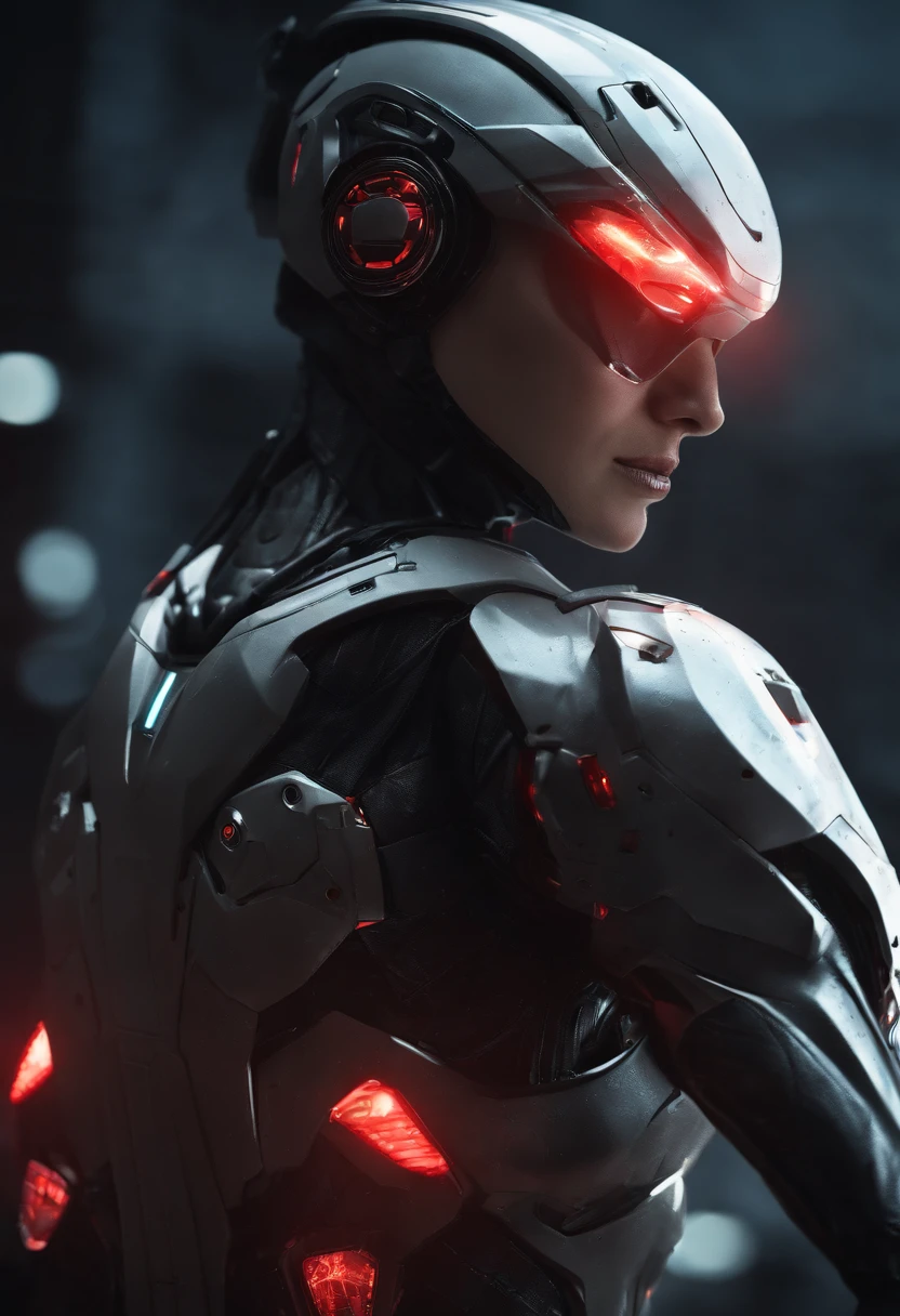 lizzyC1, ((best quality)), ((masterpiece)), (detailed), Midjourney Style, close-up, woman, robot, red eyes, concept art, inspired by Marek Okon, digital art, Crysis Nanosuit, futuristic, (glowing elements:1.1), 4:3 aspect ratio, dynamic duo,upper body