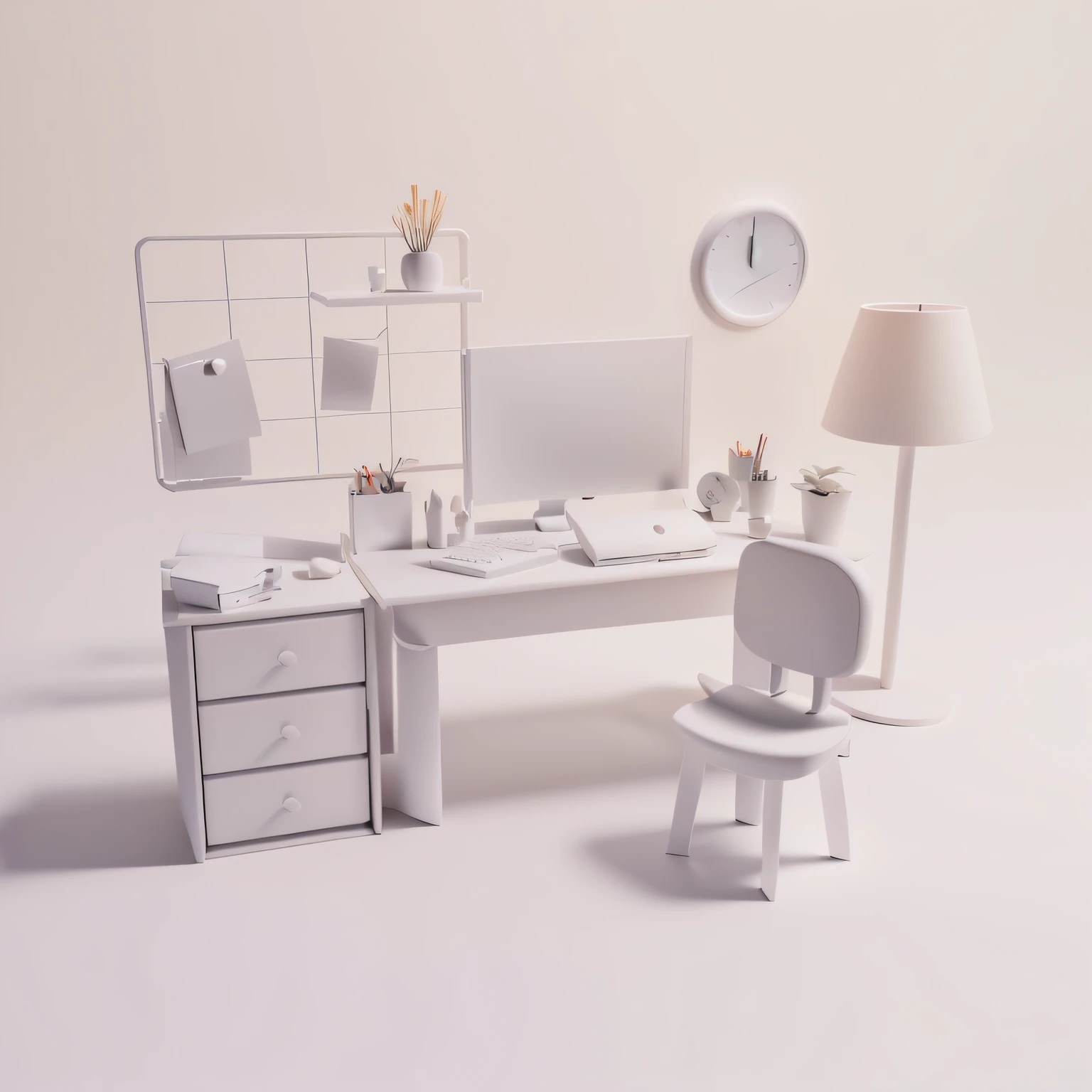 there is a desk with a computer and a chair in the room, clean 3 d render, cute 3 d render, stylized 3d render, soft 3d render, 3d scene, 3 d scene, 3 d render stylized, 3d minimalistic, detailed 3 d render, detailed 3d render, excellent 3d render, 3d illustration, make landscape ratio, change tone color to grey
