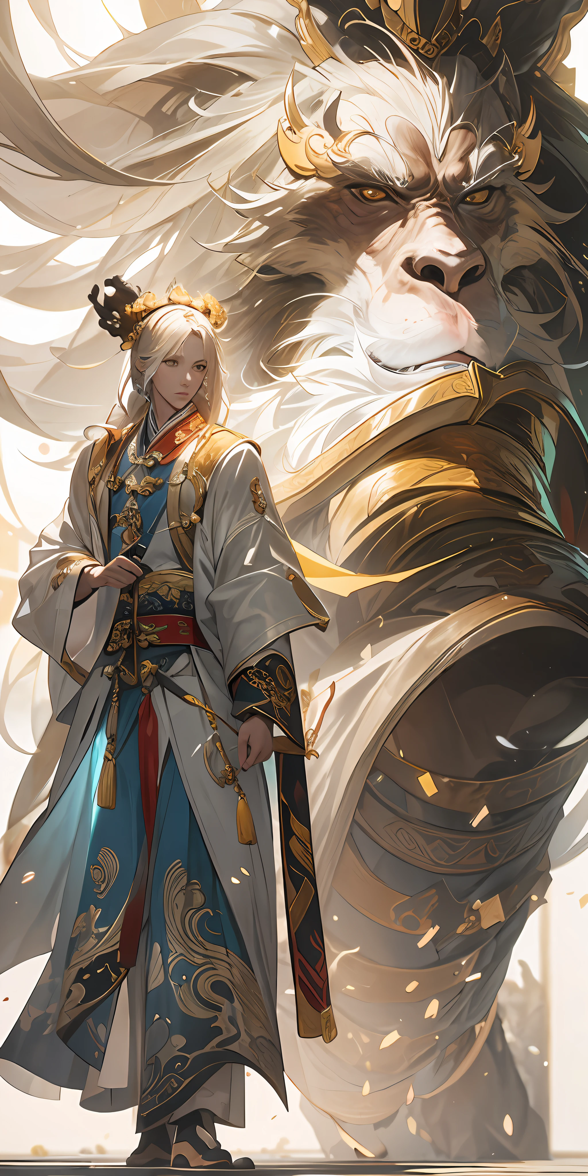 (masterpiece:1.2),best quality,zhongfenghua,realistic,
solo,a character standing in front of blonde,glowing monkey,transparent,
monkey king:1.5,