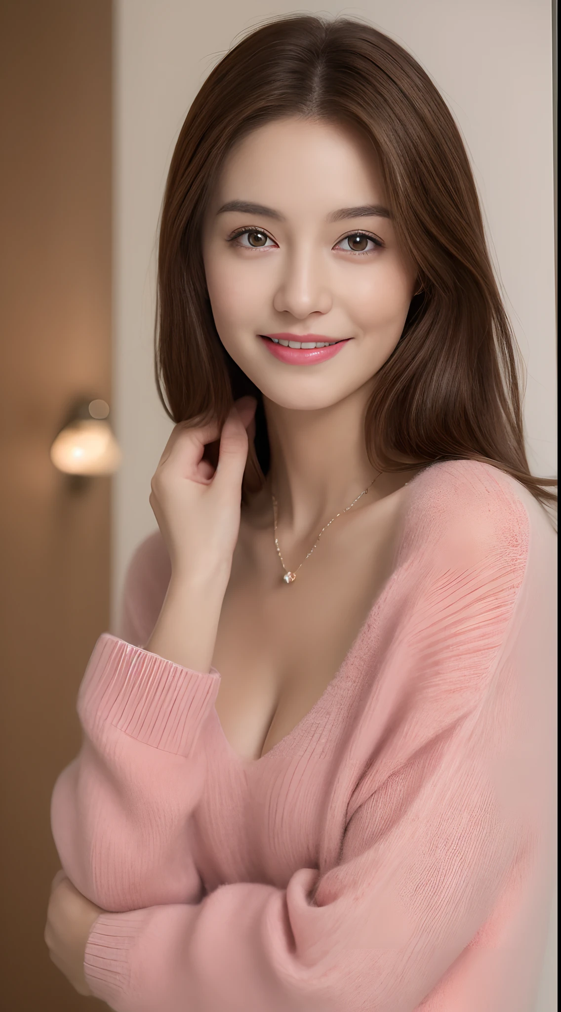 ((Night, Realistic Light, Best Quality, 8K, Masterpiece: 1.3)), 1girl, Slim Beauty: 1.4, Abs: 1.1, (Brown hair, Medium breasts: 1.3), Long pink sweater: 1.1, Bathroom, Super fine face, Delicate eyes, Double eyelids, smile, necklace
