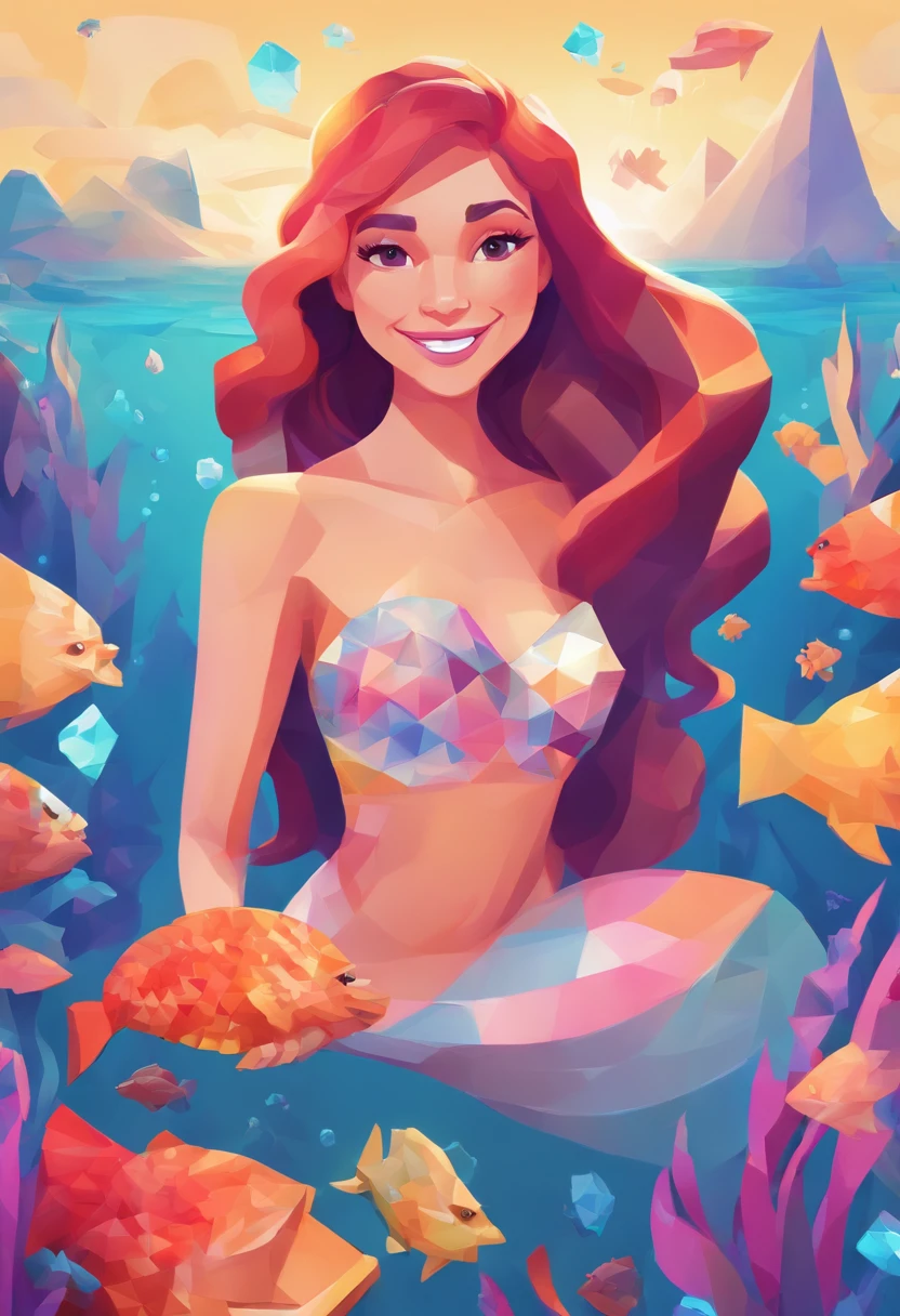 A little mermaid with a wide smile holding a smartphone that glows! it is surrounded by many social media icons, brushes and paints of many colors, warm sun sprinkling over it, adding to the playful atmosphere, --v6
