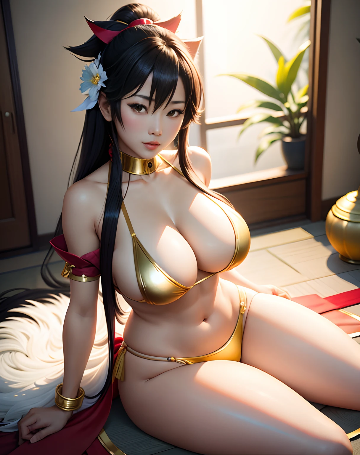 Arakfi asian woman posing for photo in gold and white bikini, 4K,8K,（（Extremely large：Oversized breasts、Z cups、Extremely large，oversized boobs、Big breasts）），yoko matsugane as mai shiranui, mai shiranui, Anime girl cosplay, Japanese goddess, Anime cosplay, shaxi, ff Tifa, Tifa Lockhart, alluring tipha lockhart portrait, cosplay, miko, full-body xianxia, oppai, fox nobushi