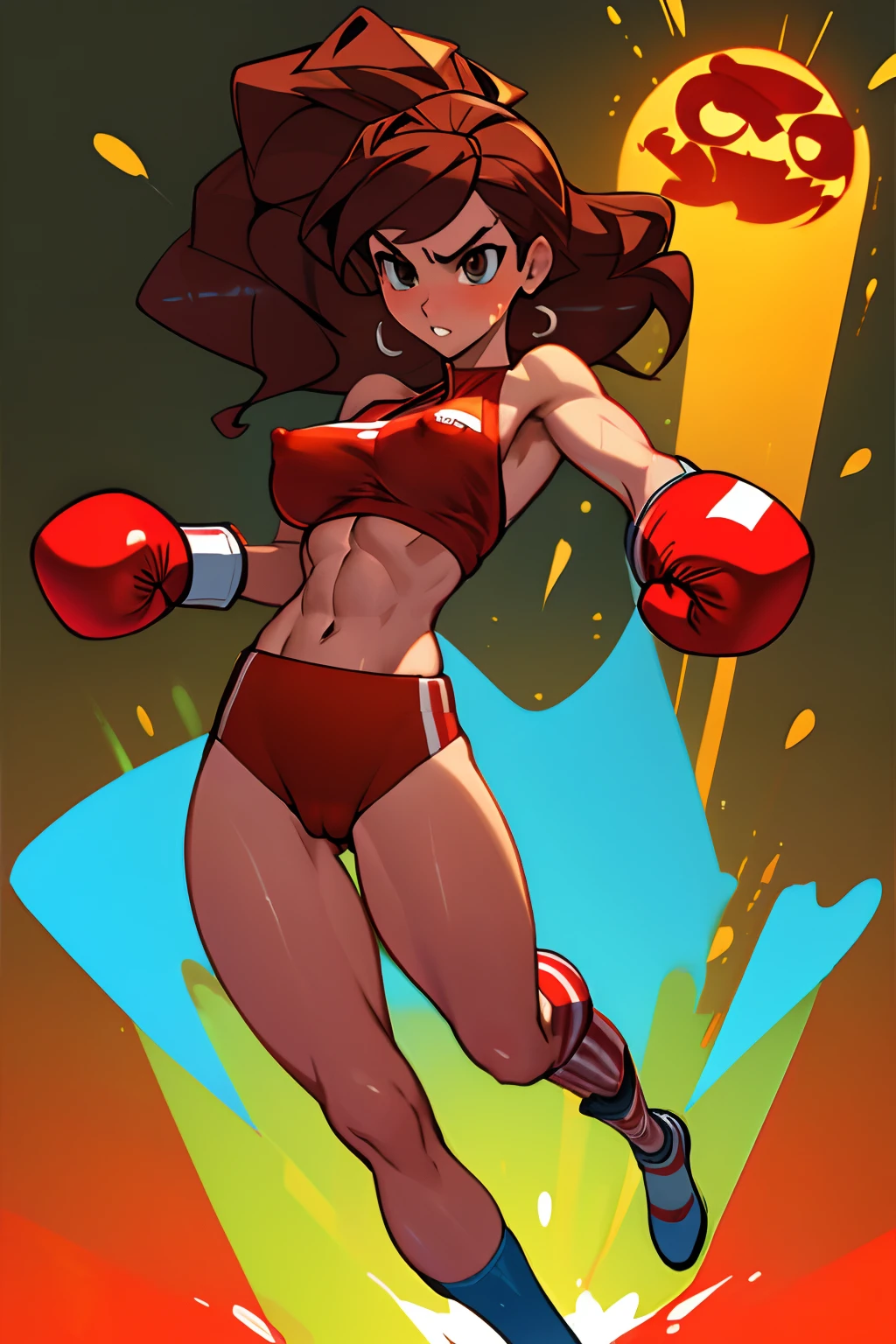 Fighting game character model, woman, Human, full body view, Sketch, concept-art, Bright color, Splash Art, Sharp focus, voluminetric lighting,Boxing champion, Red boxing gloves, White and red striped trunk, Shirtless, Sweaty, American woman, fit, tigh body, thick thighs, thigh gap, cameltoe, hard abs, big breasts, hard nipples, perky tits, visible areolas, nsfw, A mixture of thick and thin lines, 8K, wavy hair