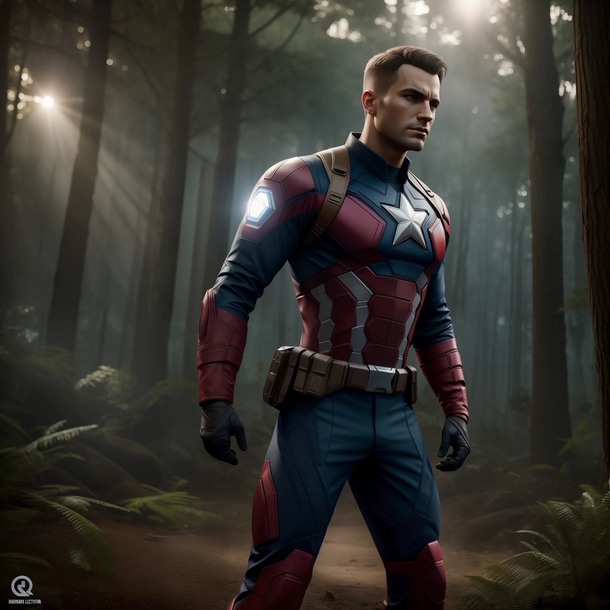 Portrait of Captain America Cyberpunk in the Futuristic Forest, cinemactic, Photo Session, Fotografado na lente de 25mm, profundidade de campo, Tilt Blur, velocidade do obturador 1/1000, F/22, White balance, 32k, Super-Resolution, Por foto RGB, half rear lighting, luz de fundo, dramatic lighting, incandescente, soft lighting, volumetric, Dia do Conto, global ilumination, Global Screen Space Illumination, Scattering, Sombras, Rough, Cintilante, Lumen reflections, screen space reflections, Diffraction Grading, chromatic aberration, Deslocamento de GB, Linhas de varredura, Ambient occlusion, antialiasing, FKAA, TXAA, RTX, SSAO, Sombreadores OpenGL, Post processing, post - production, cell-shading, Mapeamento de Tons, ..cgi, VFX, SFX, Insanamente detalhado e intrincado, Hiper maximalista, elegante, dynamic pose, fotografia, volumetric, ultra-detalhado, detalhes intrincados, super detalhado, ambient –uplight –v 4 –q 2