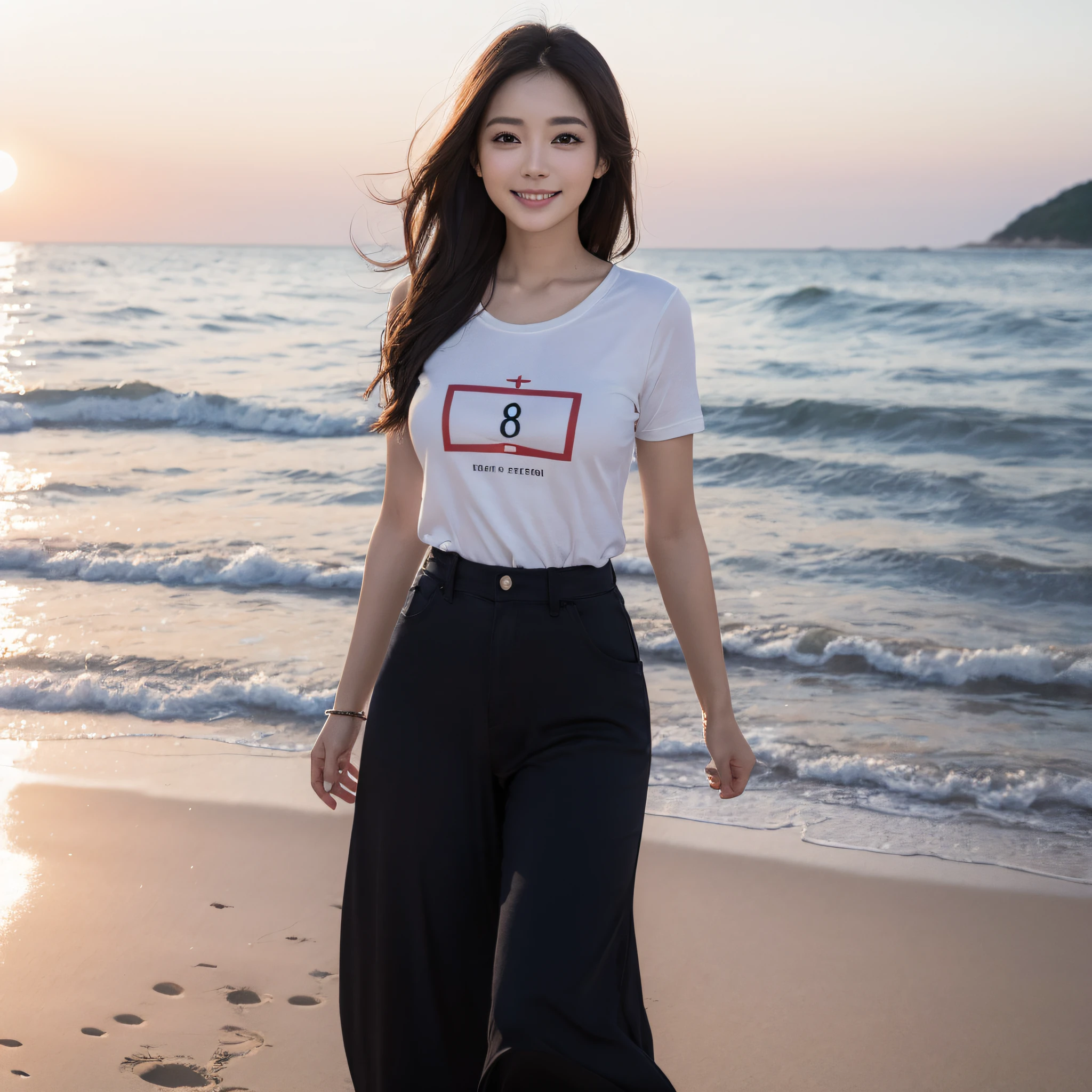 One lady、((best qualtiy、8k masterpieces:1.3))、foco nítido:1.2、(ultra beautiful faces:1.0)、(shinny skin:1.0)、photos realistic、A dark-haired、Video Lighting、High-definition eyes and face、Video Lighting、Japan actress with Korean-style makeup、from the front side、medium breasts、Smile、Slender Abs Beauty、Whole body、wearing t-shirts、On the beach at night