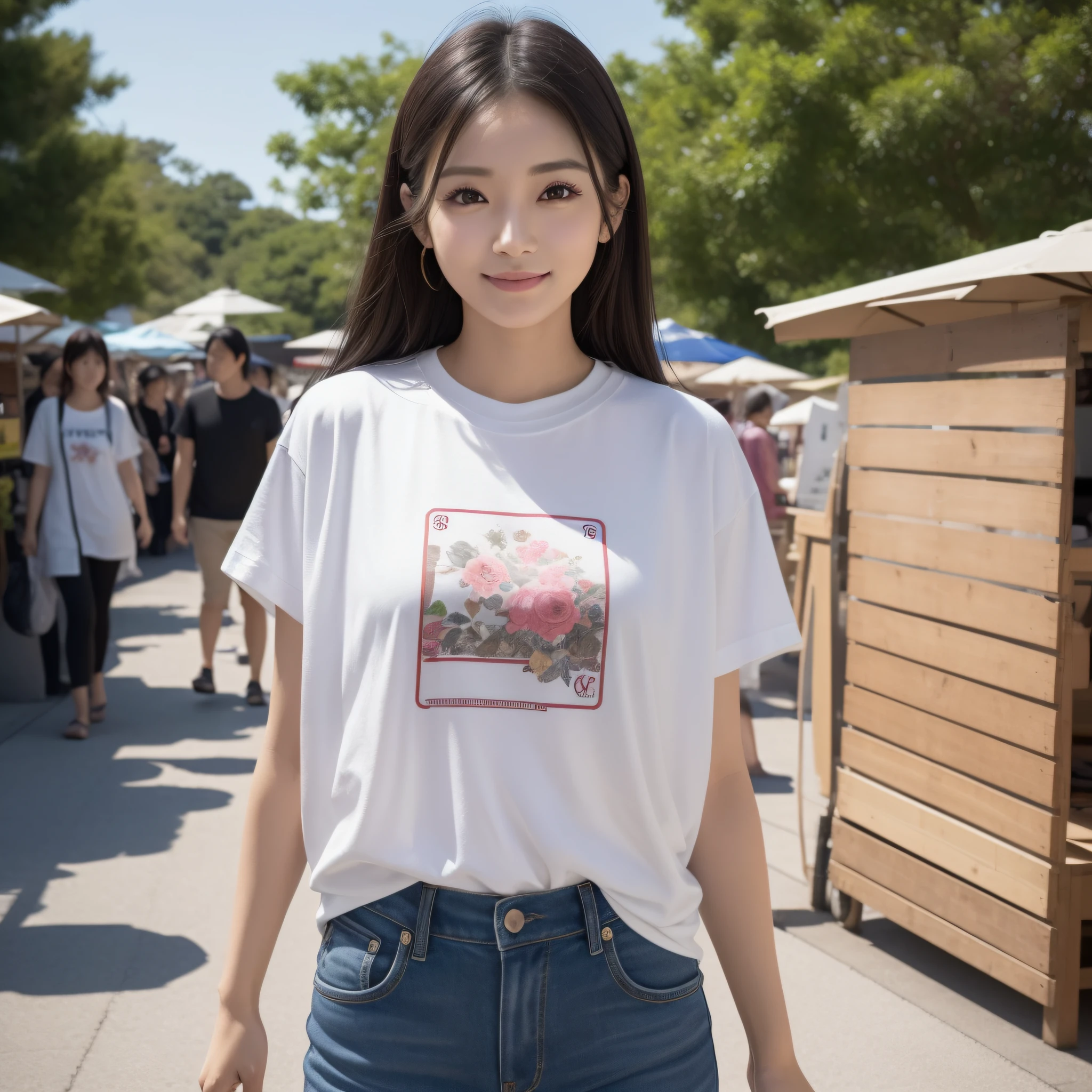 One lady、((best qualtiy、8k masterpieces:1.3))、foco nítido:1.2、(ultra beautiful faces:1.0)、(shinny skin:1.0)、photos realistic、A dark-haired、Video Lighting、High-definition eyes and face、Video Lighting、Japan actress with Korean-style makeup、from the front side、medium breasts、Smile、Slender Abs Beauty、Whole body、Wear a T-shirt with the Japanese logo、At the market in the early morning、