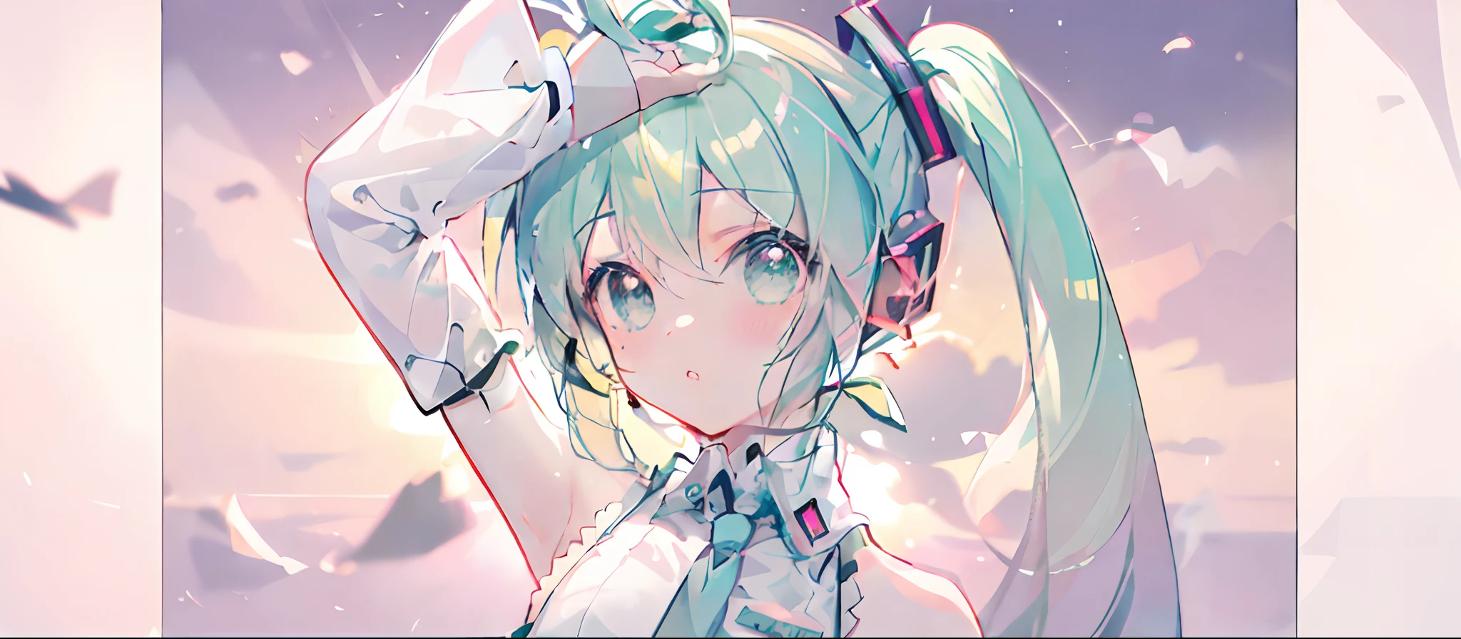 ((masterpiece))((sfw))
(best_quality)
(fisheye) (from_above)
(blurry_background) (depth_of_field)
(caustics)
(outdoors) (rooftop) (sunset) (backlighting) (sunlight)
                                 (Hatsune Miku) (twintails)
(parted_lips)