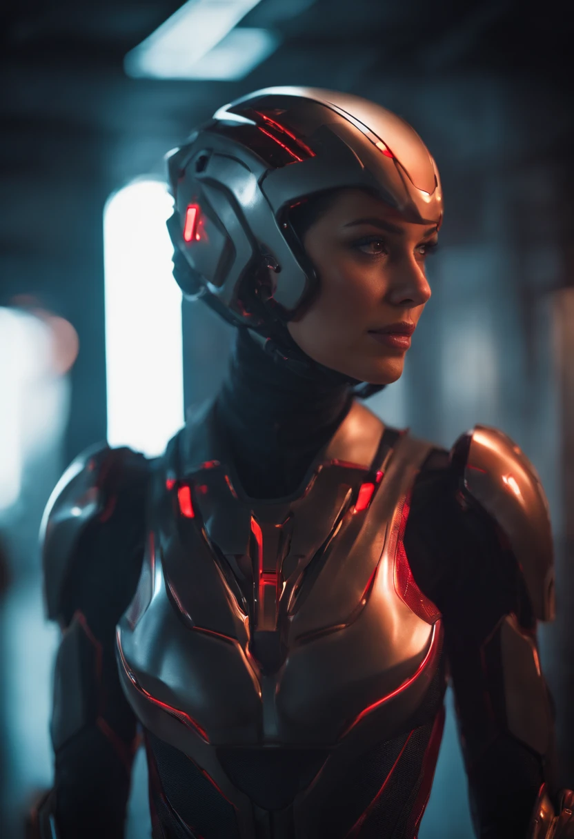 lizzyC1, ((best quality)), ((masterpiece)), (detailed), Midjourney Style, close-up, woman, robot, red eyes, concept art, inspired by Marek Okon, digital art, Crysis Nanosuit, futuristic, (glowing elements:1.1), 4:3 aspect ratio, dynamic duo，upper body