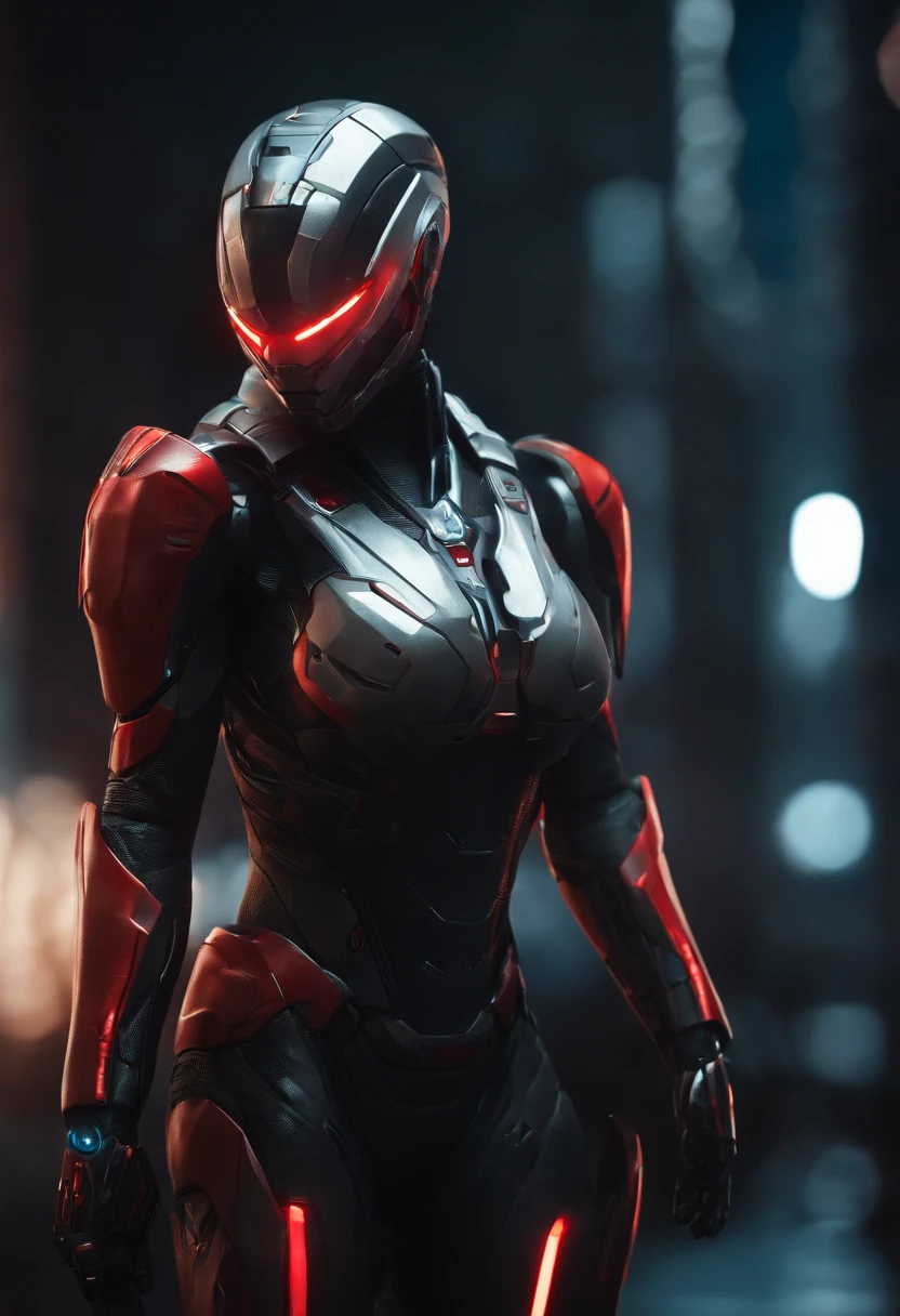 best quality, 8k, very delicate and beautiful, highly detailed face and skin texture, high resolution, big tits asain girl in futuristic suit stand on street in city at night, under neon light, full body, sharp focus