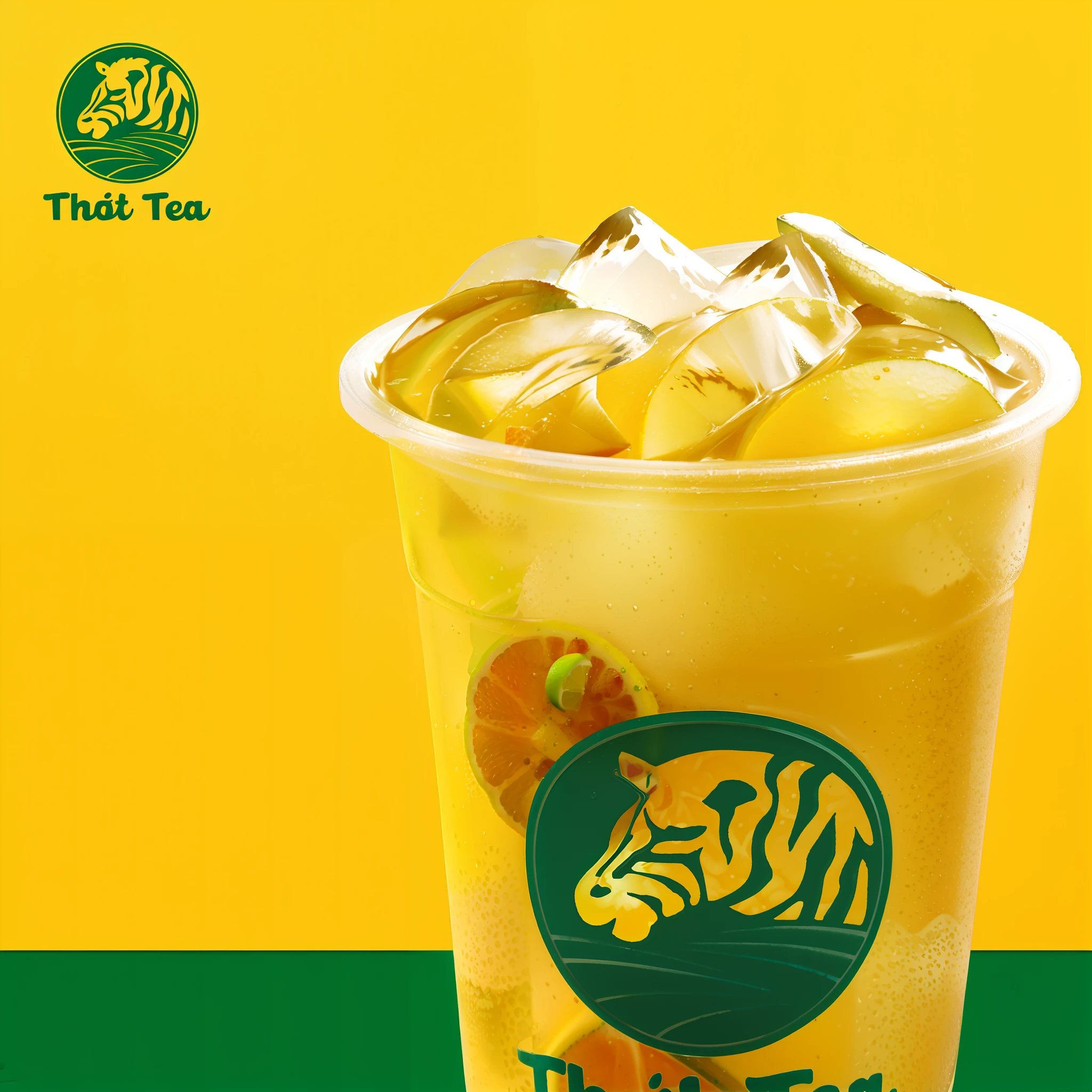 there is a drink in a plastic cup with ice and fruit, official product image, iced tea glass, half tiger, patiphan sottiwilaiphong, green tea, drink, official product photo, phong shaded, 🐿🍸🍋, “ golden cup, thawan duchanee, 🍸🍋, thot, 🐝👗👾