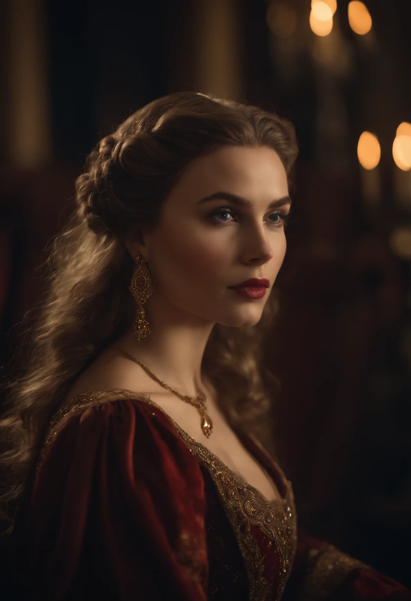 best quality, 4k, highres, ultra-detailed, portrait, Lady Isolde, longhaired beautiful woman, vampire queen in a dark, flowing gown, medieval, royal attire, palace interior, golden throne, detailed facial features, expressive eyes and lips, rich colors, soft lighting