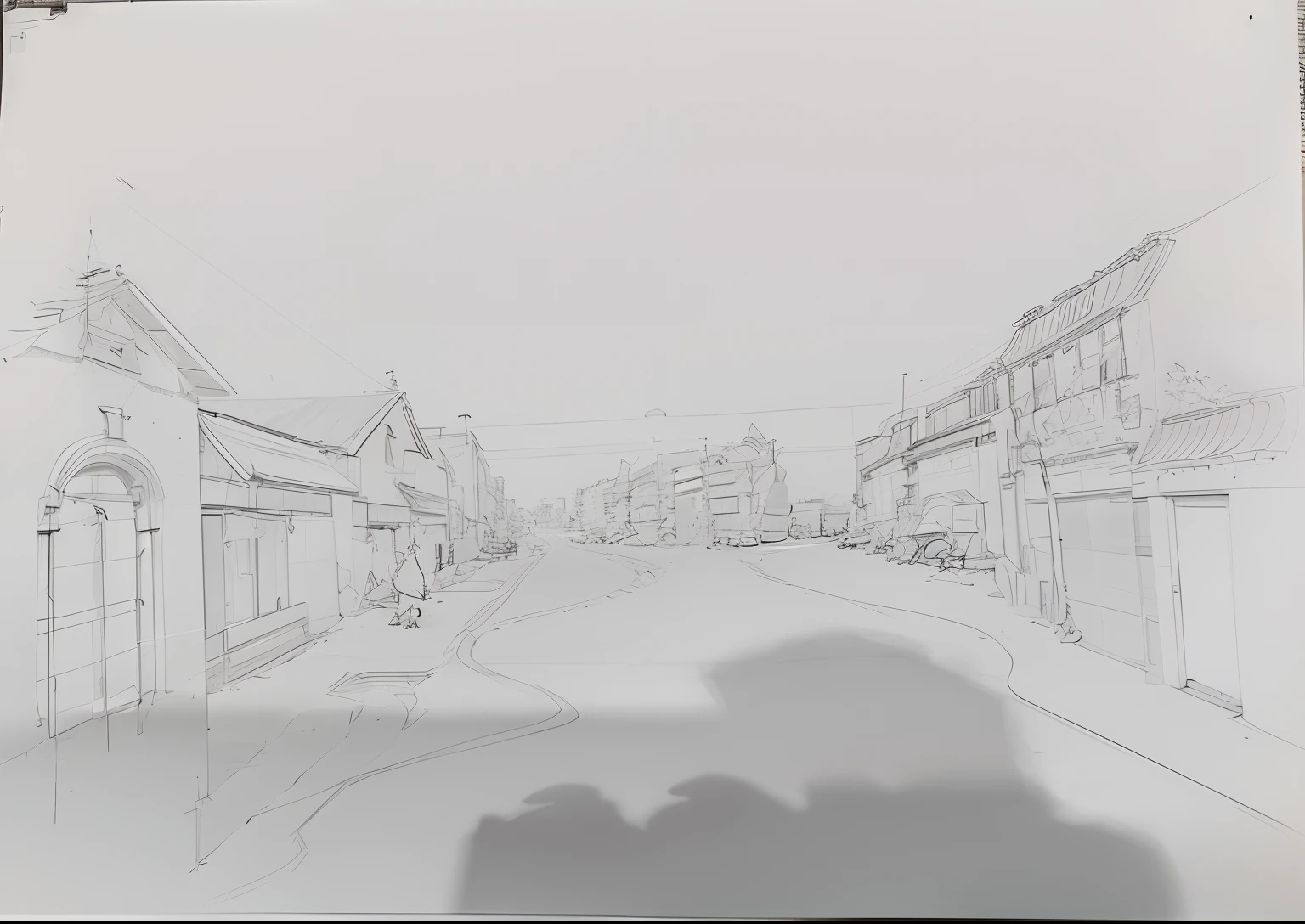 drawing of a street with buildings and a person's shadow, street perspective, detailed but rough, line sketch, 1-point perspective, rough sketch, outline sketch, point perspective, 2 - point perspective, 3-point perspective, drawn on paper, 3 point perspective, short perspective, ink under drawing, line sketch!!, 2 point perspective, multiple point perspective