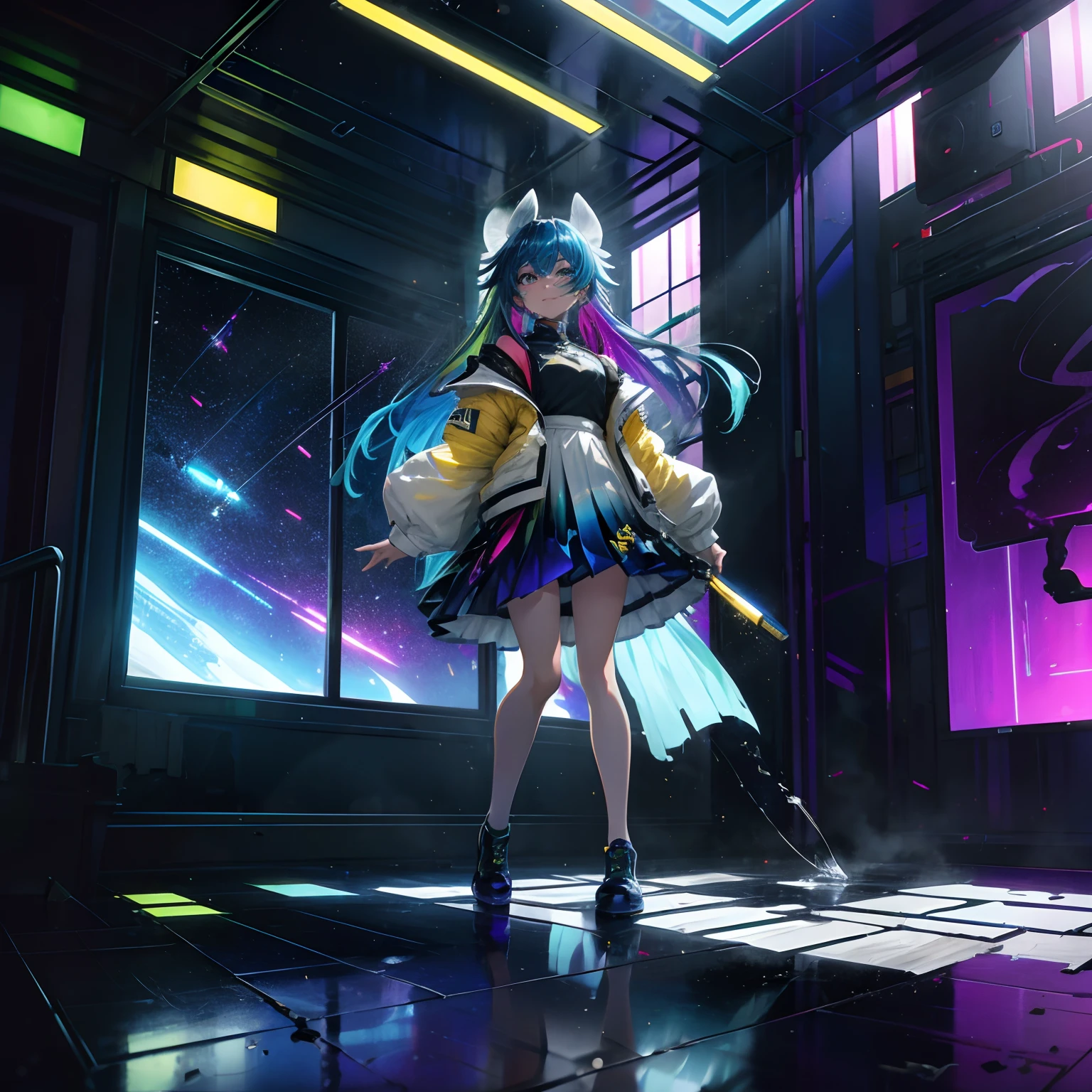 8K、super detailing、ccurate、top-quality,drop shadow,animesque, 独奏, after rain,Girl Walking in Space, Bright blue hair, Open jacket, White Print Shirts, Neon lighting, A smile, Very long hair, Gradient Golden Eye, multicolored skirt, Pantyhose with only one leg, Leather shoes without laces, Rays of different colors, vases,Cracked floor