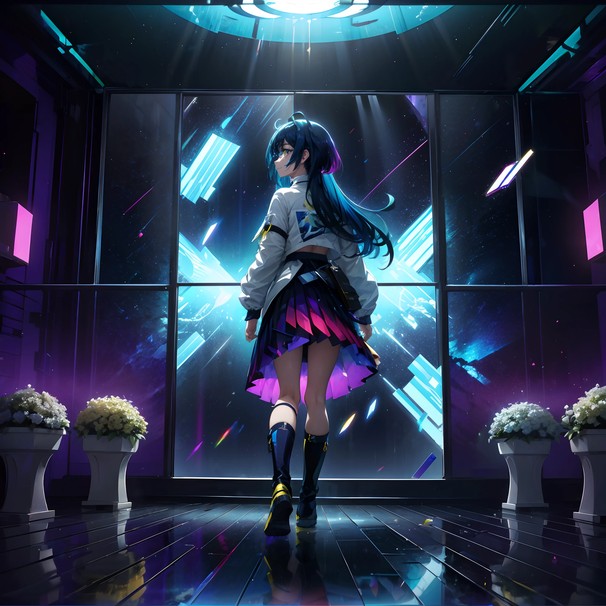 8K、super detailing、ccurate、top-quality,drop shadow,animesque, 独奏, after rain,Girl Walking in Space, Bright blue hair, Open jacket, White Print Shirts, Neon lighting, A smile, Very long hair, Gradient Golden Eye, multicolored skirt, Pantyhose with only one leg, Short boots without laces, Rays of different colors, vases,Cracked floor