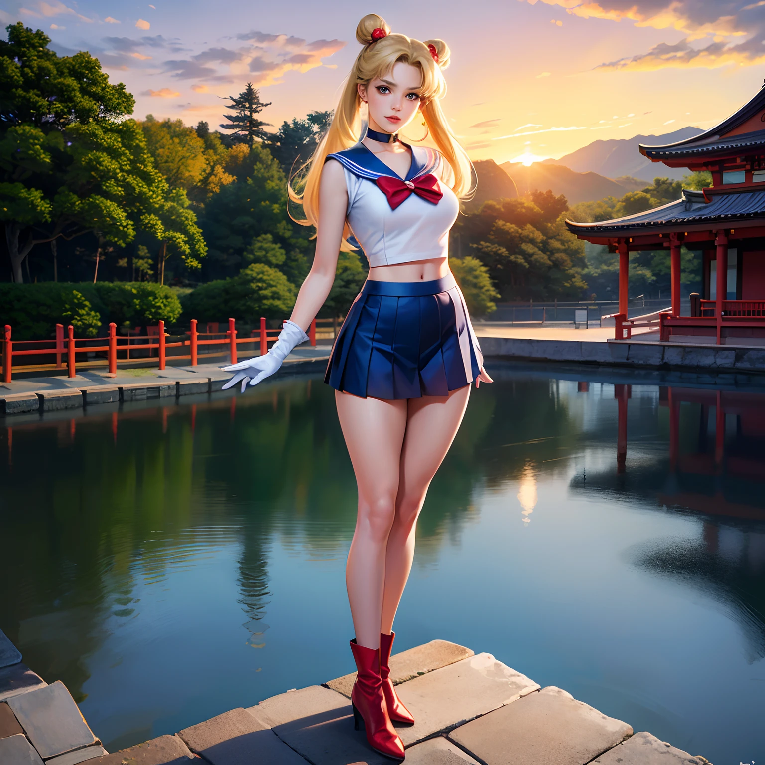 8k, RAW photo, best quality, masterpiece:1.2), (ultra highres:1.0), detailed illustration, detailed, (realistic, photo-realistic:1.37), detailed beautiful skin, sailor moon, (1 girl: 1.2),(full body:1.2),(hand of Guido Daniele:1.2), slim body, cute, happy, long hair, long leg,thick thighs, cleavage,blue skirt,red bow,blue eyes,blond hair,twin tails,hair bun,hair ornament,blue sailor collar, red choker, red boots, high heels, sailor senshi uniform, white gloves standing in garden, in water, in onsen, japan temple, torii, outdoors, sunset, plants, japan buildings,photographer, foreground, camera,