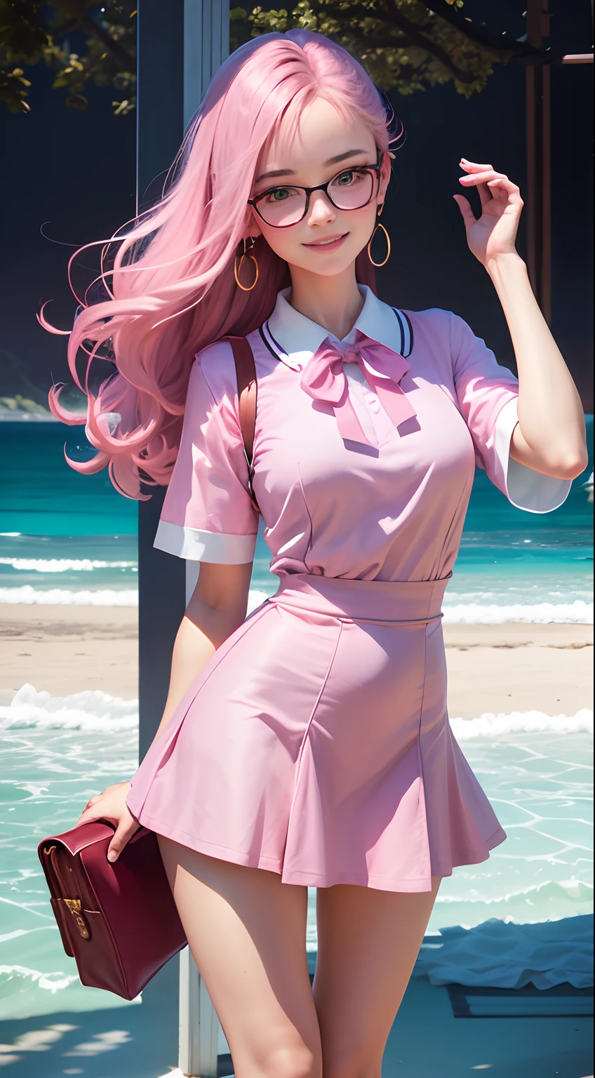 pink short dress, school uniform, very pretty European princess, wearing round glasses, portrait photo, beach, standing up straight, head and ankles straight, smiling, wearing earrings, 4k definition, beautiful slim hands