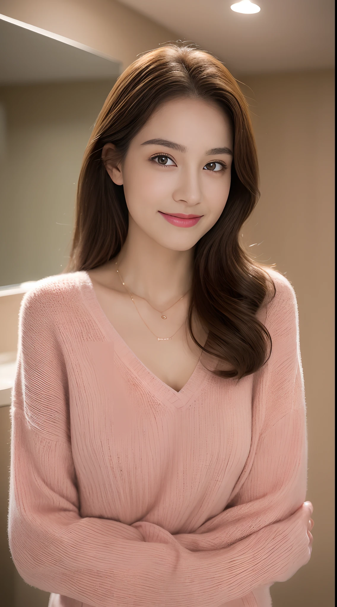 ((night, realistic light, highest quality, 8k, masterpiece: 1.3)), 1 girl, slim beauty: 1.4, abs: 1.1, (brown hair, medium breasts: 1.3), pink long sweater: 1.1, Bathroom, super detailed face, delicate eyes, double eyelid, smile, necklace