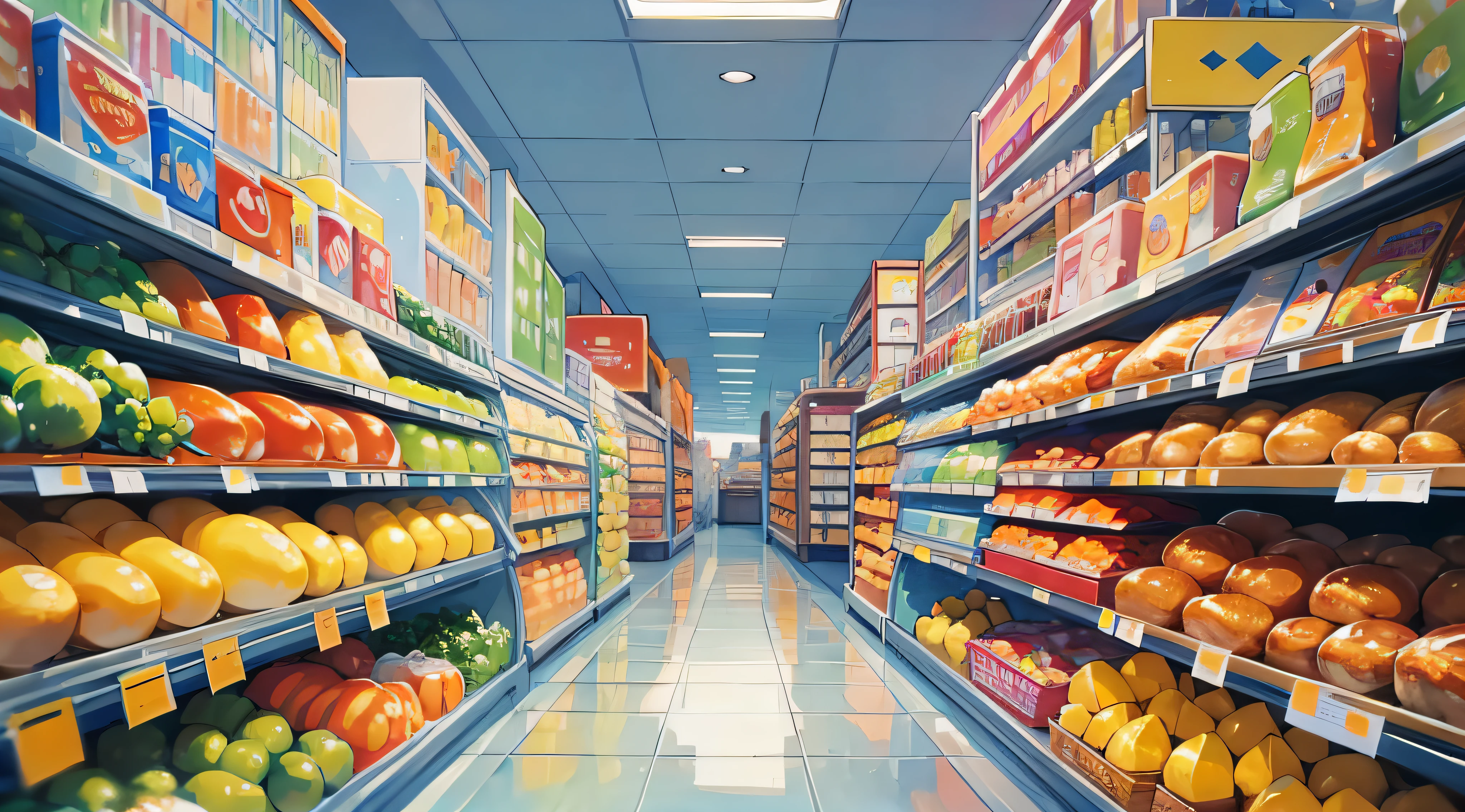 Masterpiece, best quality, a super large supermarket stocked with food, large supermarket with all kinds of goods, Artie Guéran style