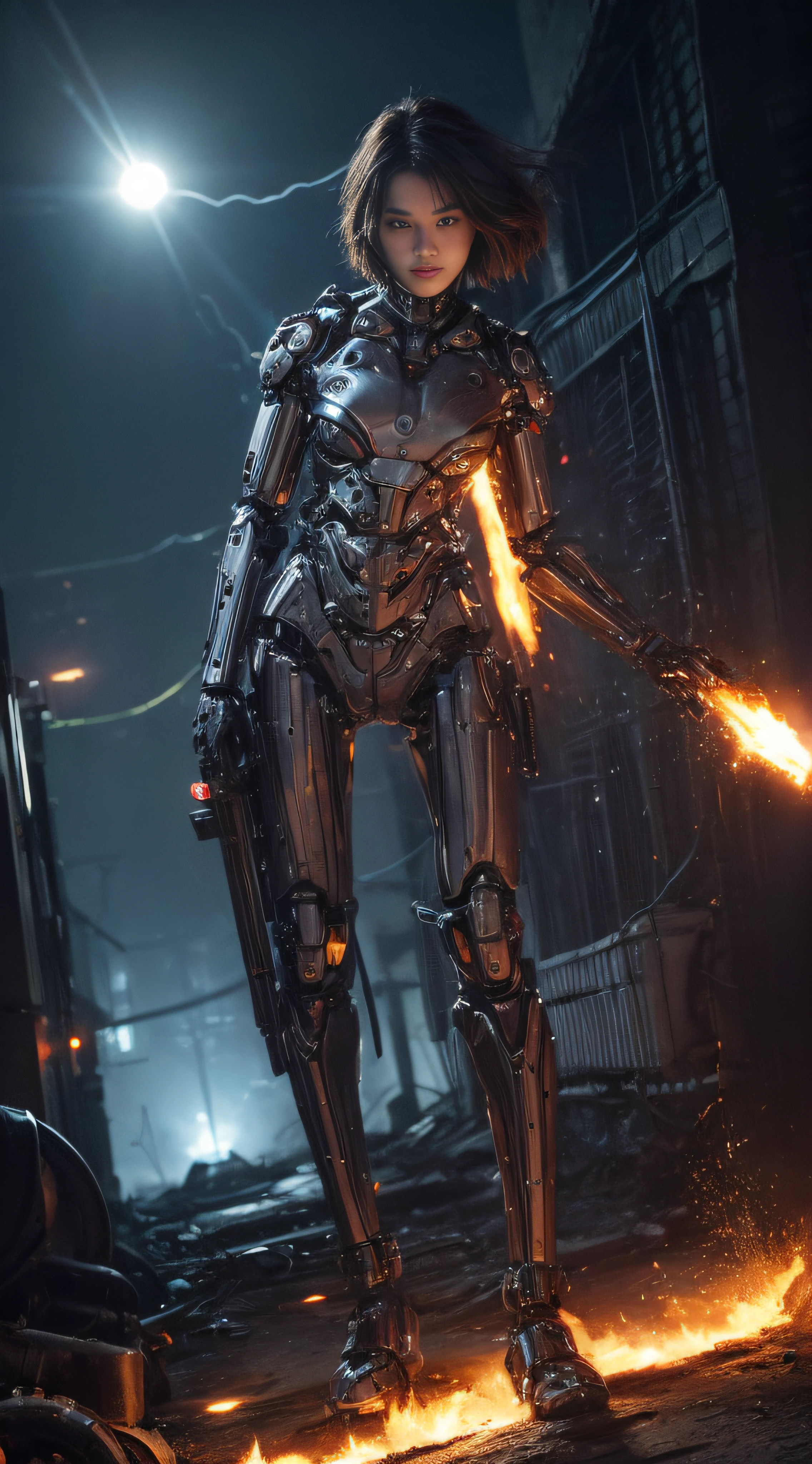 (mechanical parts:1.5),fighting , glowing eyes, short hair,torn tight supersuit, in a destroyed city, smoke and fire, glowing power aura, dynamic pose, dynamic view(frighting pose)(Realistic like movie)