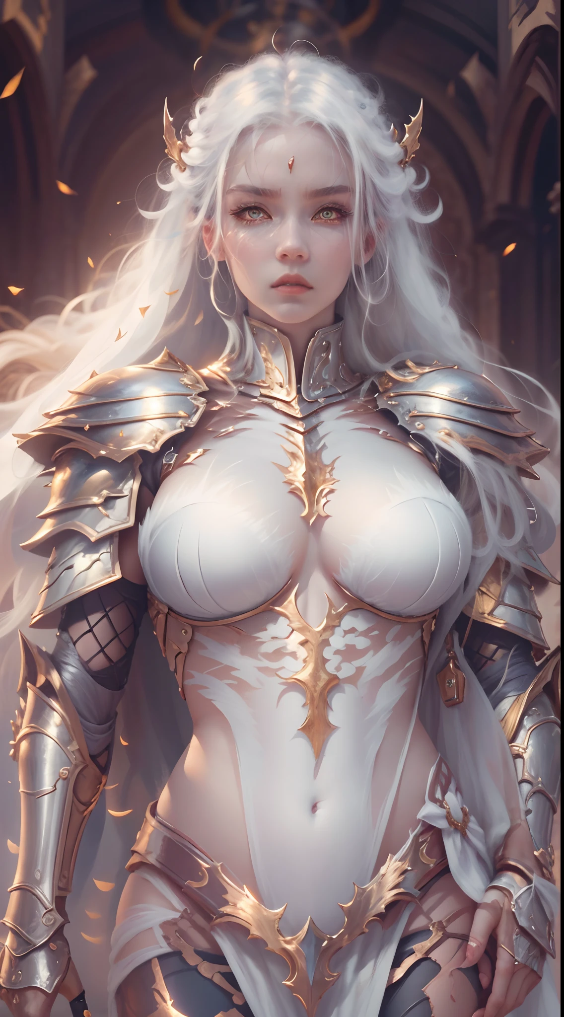 Masterpiece, Highest quality, (full bodyesbian), (High detail:1.1),Dramatic, 1人, (Pale skin), White hair, Golden eyes, Solo, long whitr hair, Night, White gold armor, Metal heels, Detailed background, Cinematic lighting,