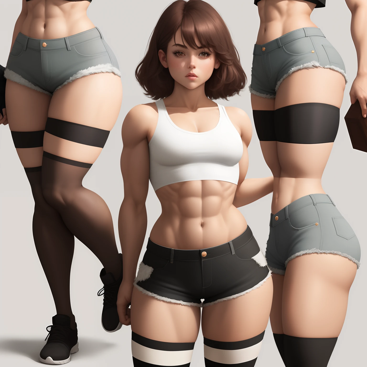 Thick thighs, flat chest, short shorts, small, crop top, slightly muscular, thigh highs