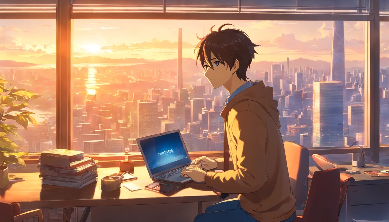 a man anime holding bitcoins, next to him is a laptop, behind him is a window overlooking the city, there is sunlight, Soft lighting and Warm, sunrise, morning