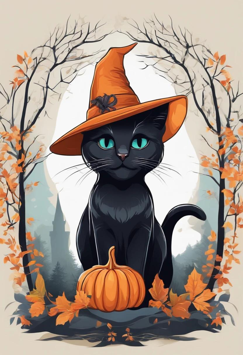 A beautiful black cat wearing a witch hat, rendered in a vector art style with vibrant colors and crisp edges, set against a stark white background.