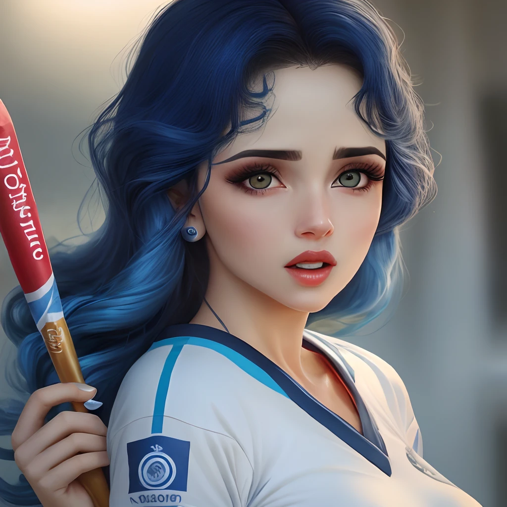 Crie uma mulher linda loira com os olhos azuls boca carnuda com baton vermelho e olhar sedutor