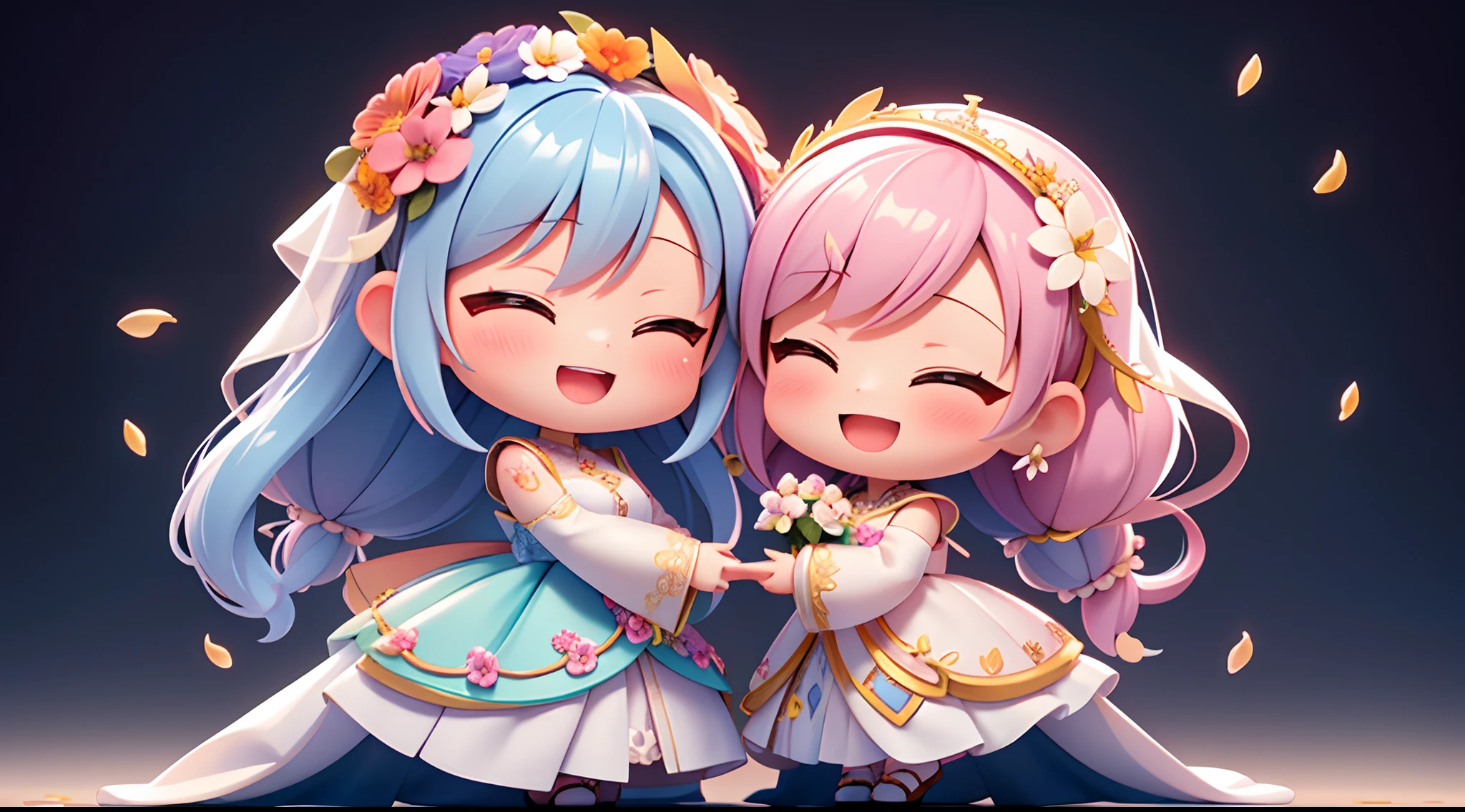 Two girls standing in front of a painting、laugh face、Water droplets on the cheeks、Dance Practice、Rotational jump、bustup、Eye Up、Flowing iridescent silk